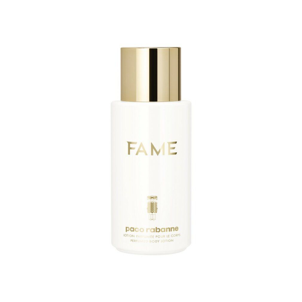 Weiße Flasche mit goldenem Deckel. Aufschrift "FAME" und "paco rabanne". Parfümierte Bodylotion.