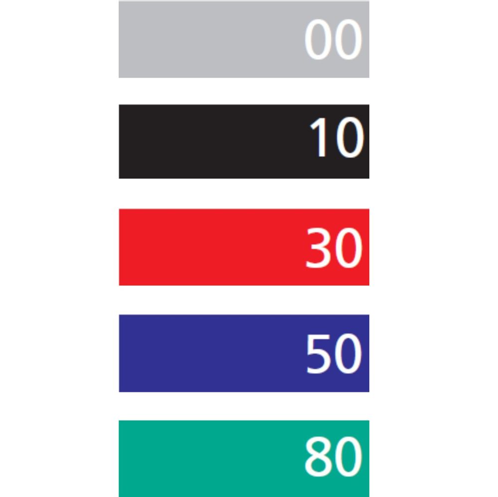 Farbpalette mit Graustufen (00), Schwarz (10), Rot (30), Blau (50) und Grün (80).