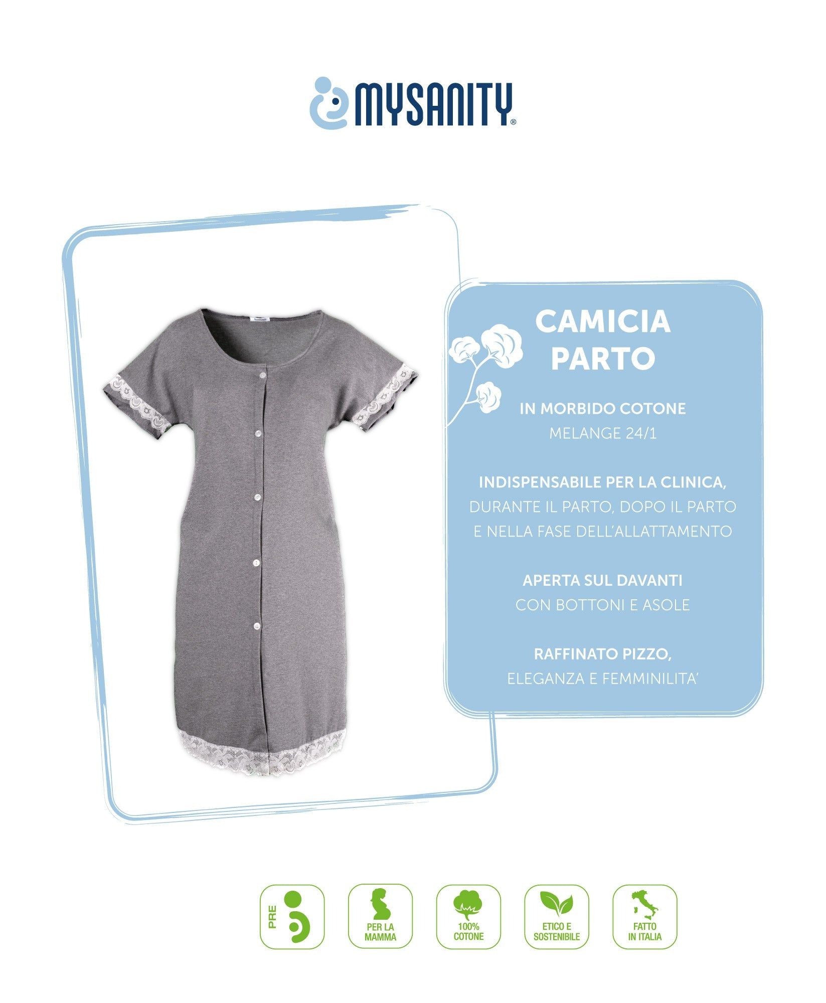 MYSANITY Geburtshemd, grau meliert, mit Spitze. Produktabbildung mit Text: Camicia Parto, in cotone, indispensabile per la clinica.