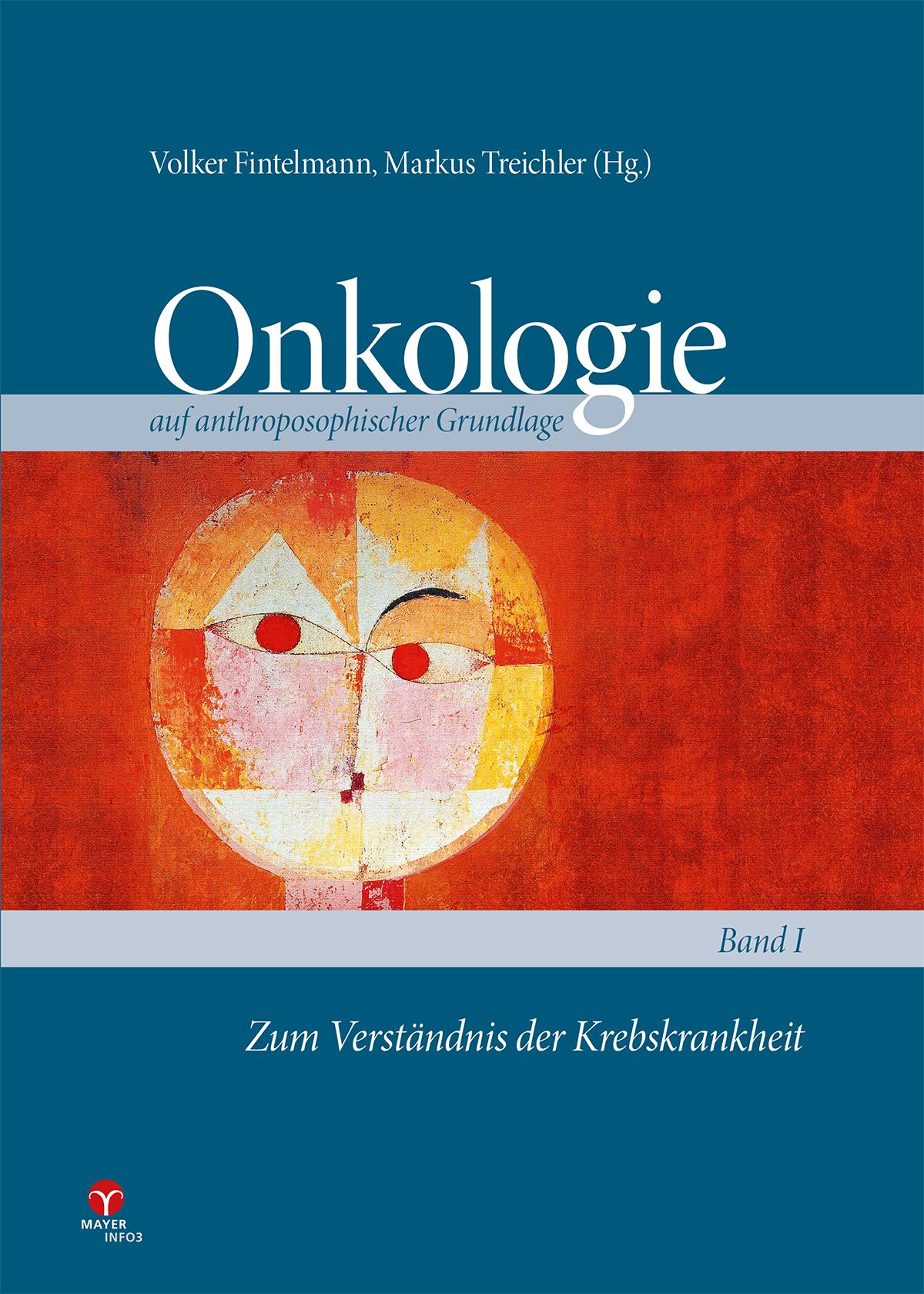 Buchcover: Onkologie auf anthroposophischer Grundlage. Titel, Autoren, Band 1. Abstraktes Gesicht auf rotem Hintergrund.
