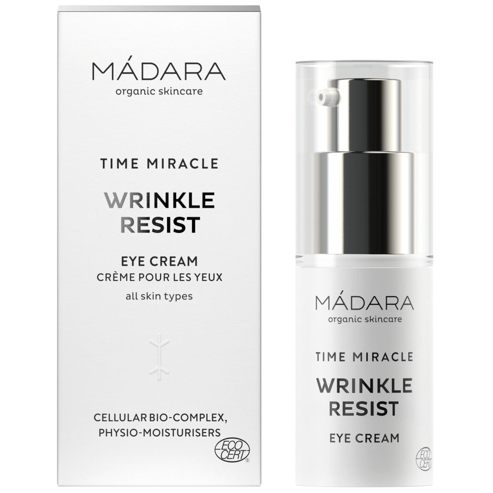 Madara Time Miracle Augencreme und Verpackung. Weißes Produkt mit silbernem Spender. Text: Time Miracle, Wrinkle Resist, Eye Cream.