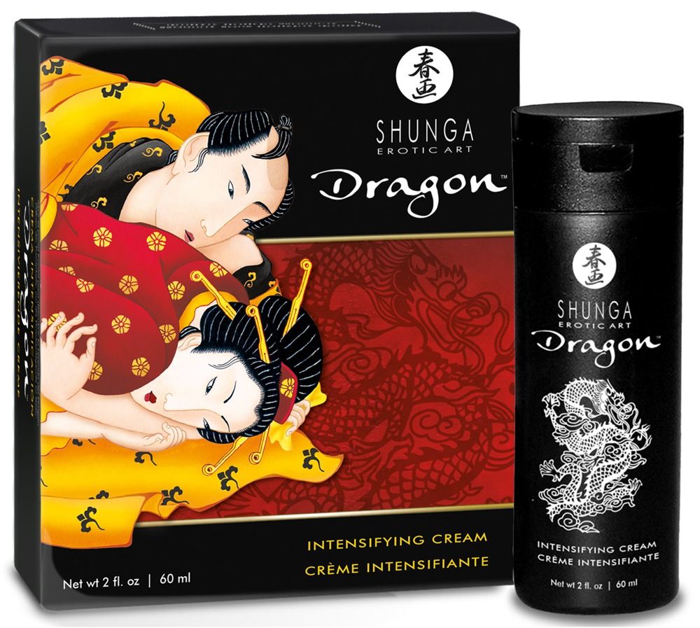 Schwarze Verpackung und Flasche. Aufschrift: Shunga Dragon. Intensivierende Creme. 60 ml. Abbildung von Liebenden.