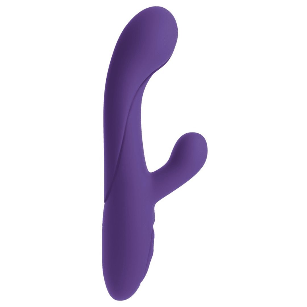 Lila Vibrator mit gebogener Form und zwei Vorsprüngen. Auf der Oberfläche befinden sich zwei Knöpfe.