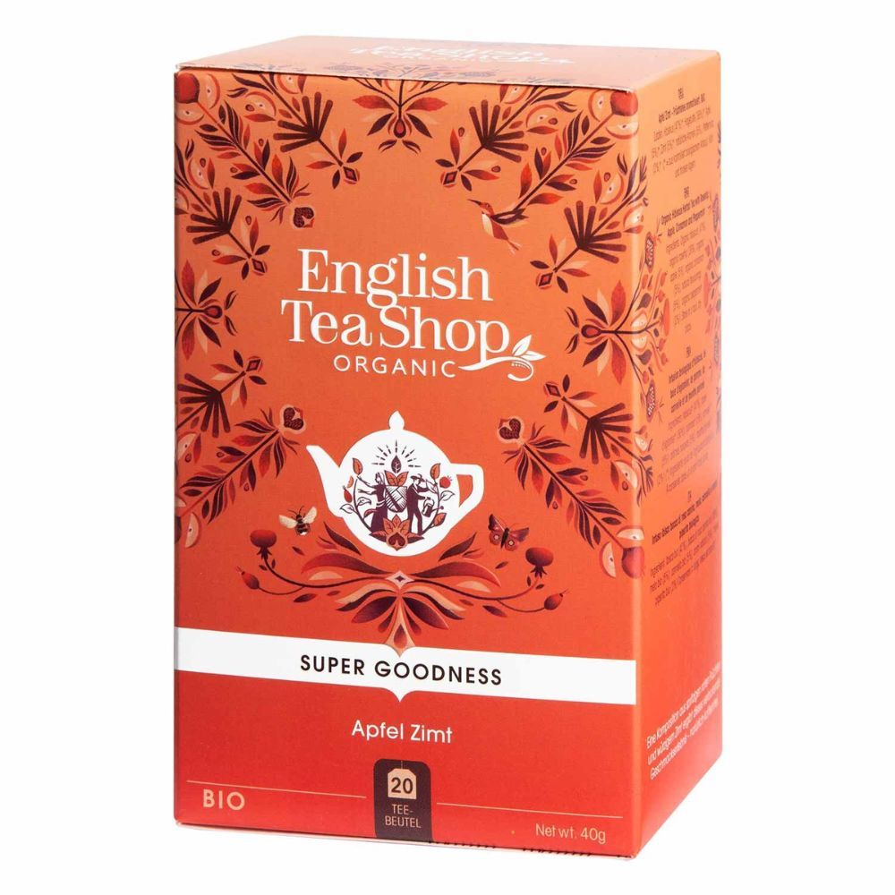 Karton mit Aufdruck. "English Tea Shop Organic" und "Apfel Zimt" Text. 20 Teebeutel. BIO-Siegel.