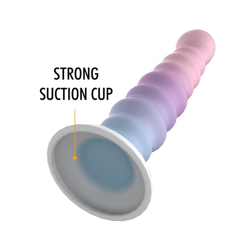 Dildo mit Wellenmuster und Saugnapf. Pastellfarben, breiter Sockel.