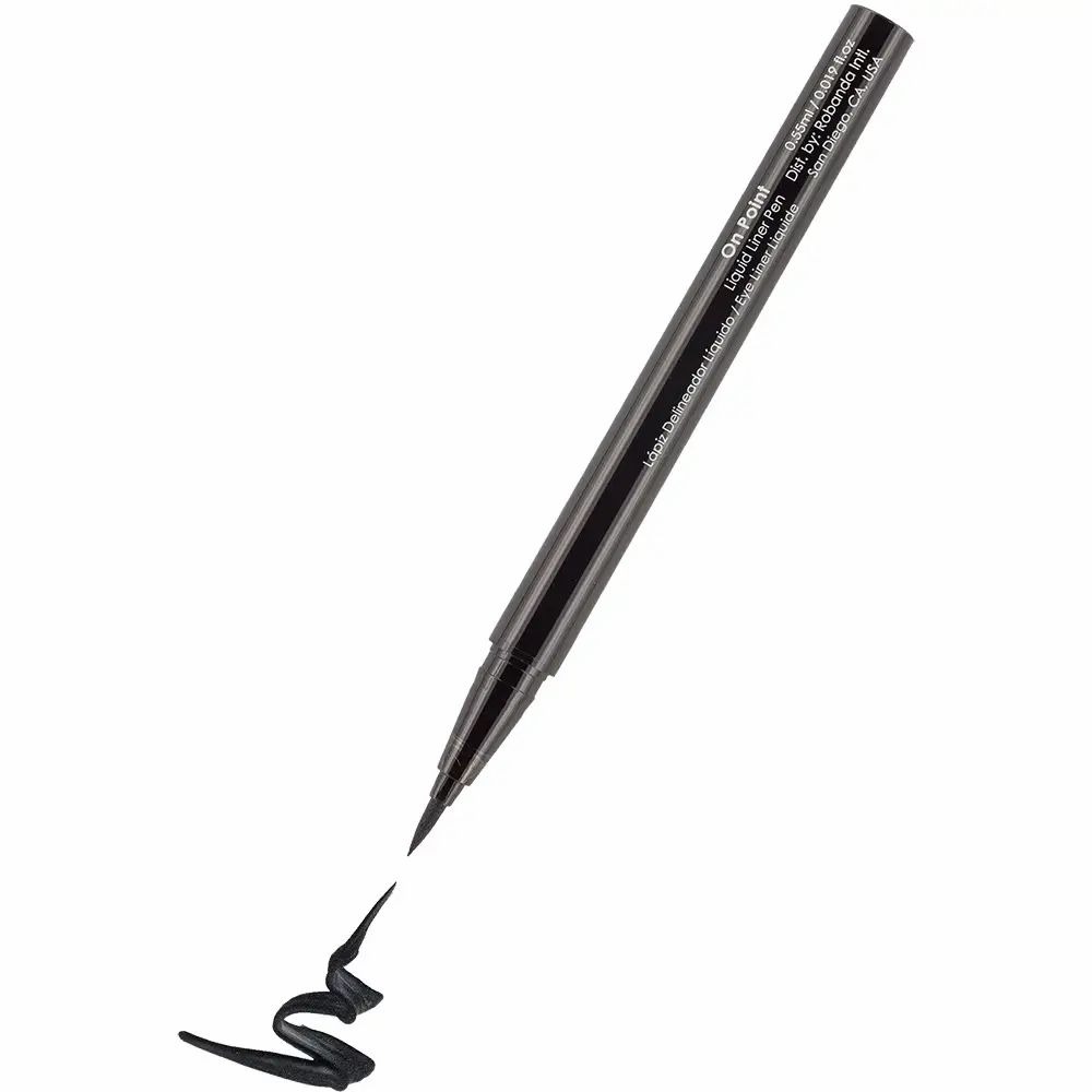 Schwarzer Eyeliner-Stift mit Strich. Produkt zeigt die Spitze und den Strich.