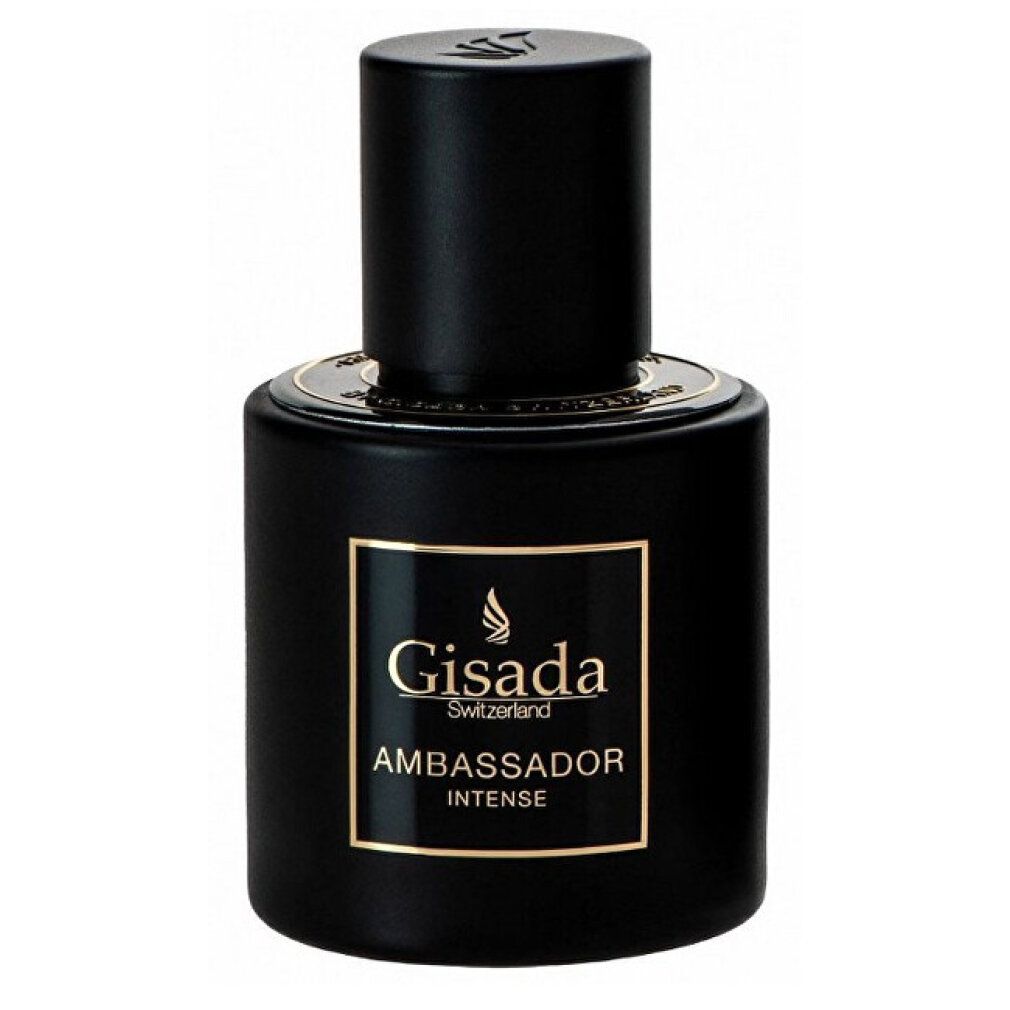 Schwarzer Flakon mit goldener Schrift. Aufschrift: Gisada Ambassador Intense. Schwarzer Deckel. Rund.