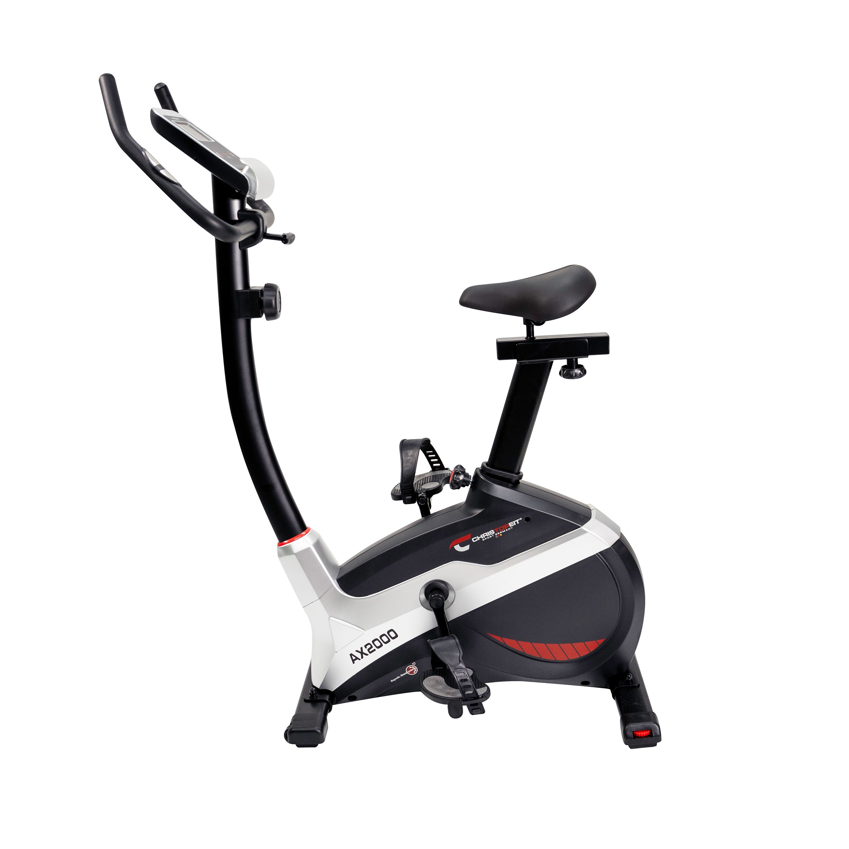 Heimtrainer AX 2000. Schwarz-weißes Design. Lenker, Sattel, Pedale. Digitalanzeige. CHRISTOPEIT SPORT Logo. AX 2000 Schriftzug.