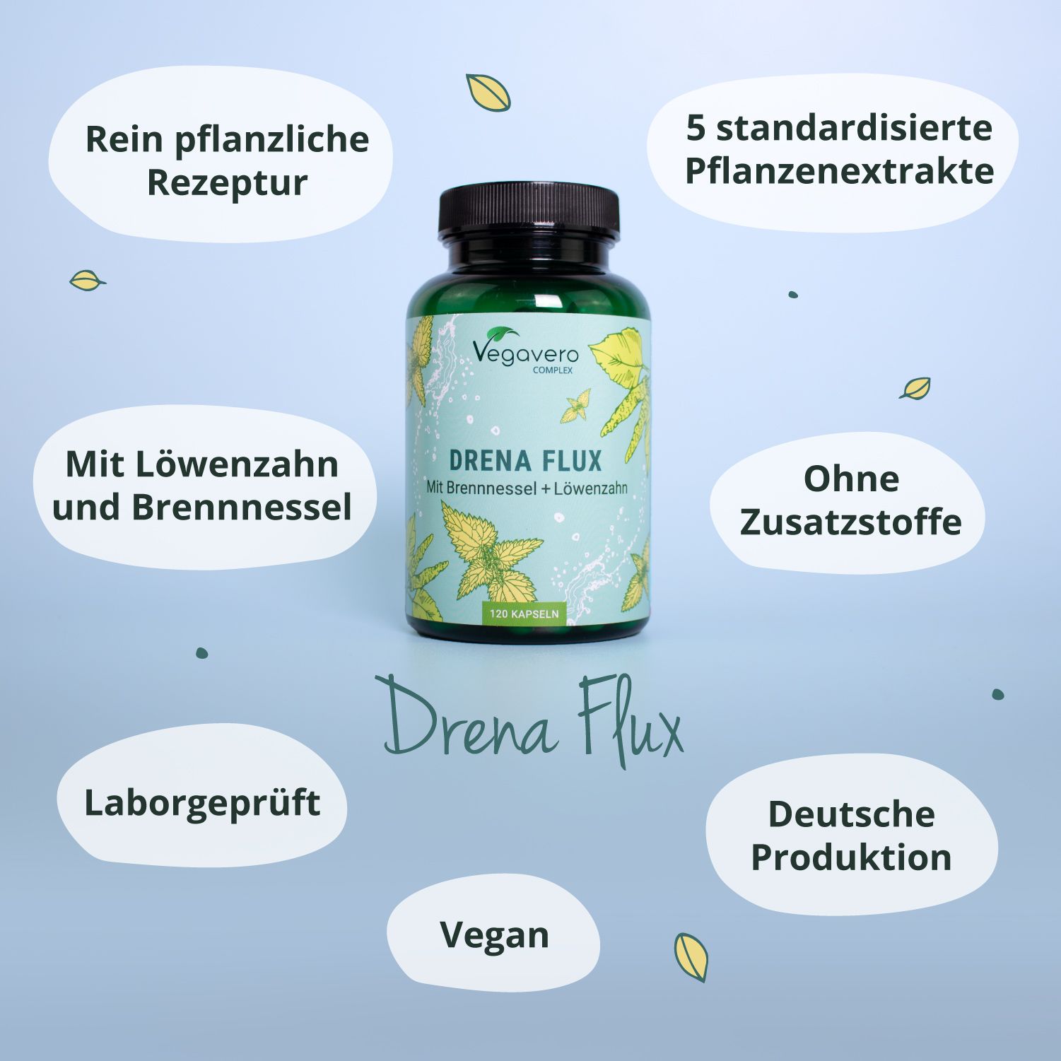 Flasche Drena Flux. Text: Rein pflanzliche Rezeptur, 5 Pflanzenextrakte, ohne Zusatzstoffe, vegan.