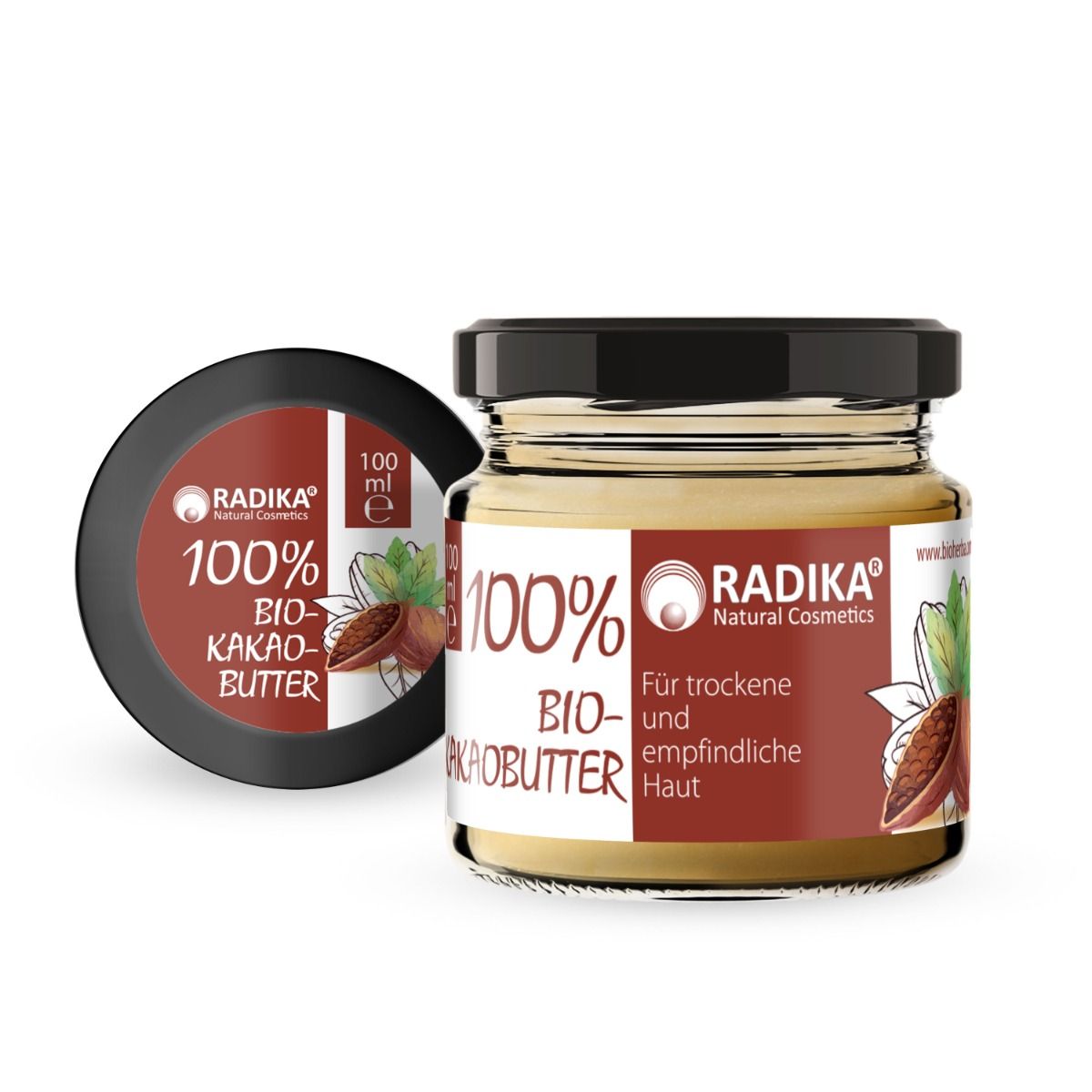 Glas mit Deckel und Etikett: 100% Bio-Kakaobutter, Radika Natural Cosmetics. Braune Schrift, Kakao-Illustration.