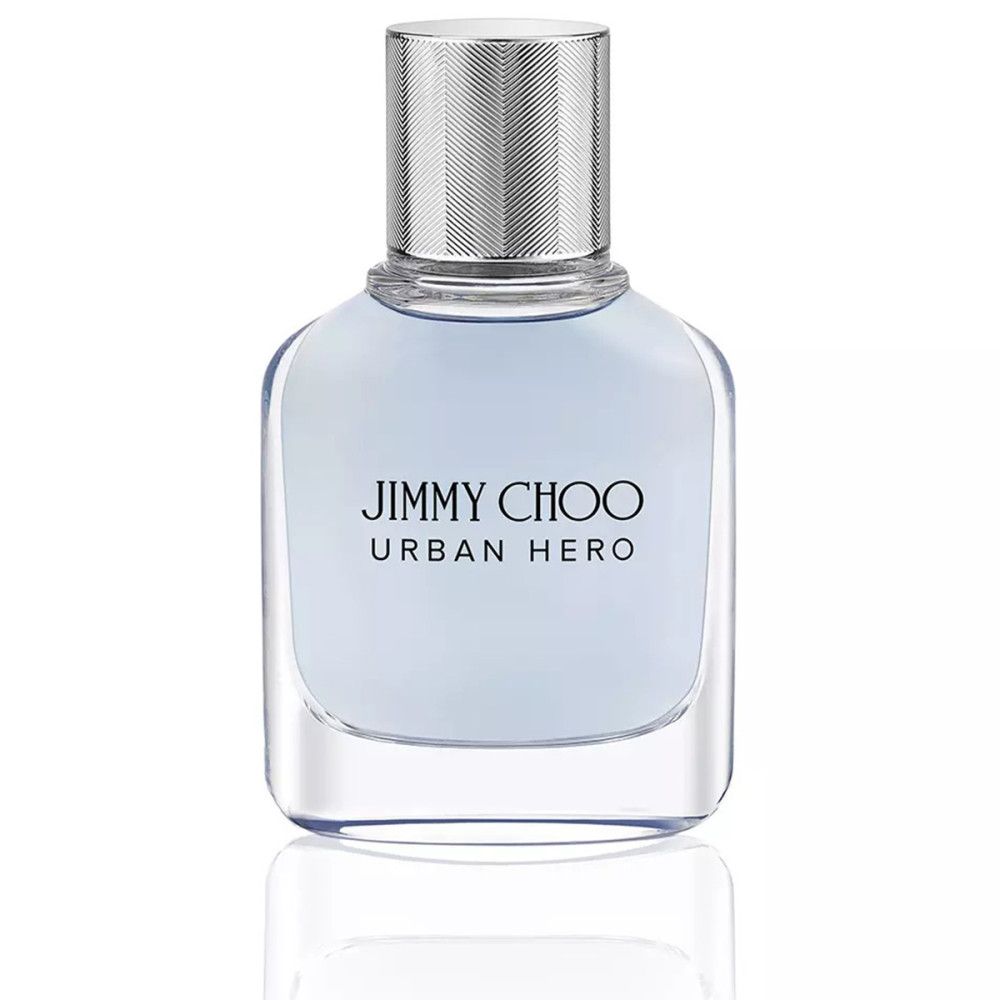Hellblaues Parfümflakon mit silbernem Deckel. Aufschrift: JIMMY CHOO URBAN HERO.