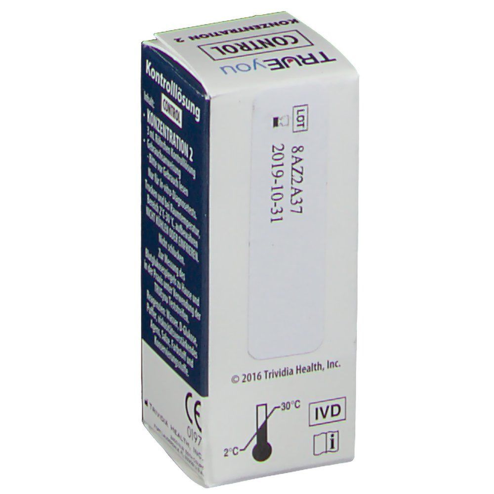 Kartonverpackung mit Produktinformationen. Aufschrift: TRUEYOU CONTROL Konzentration 2. Temperaturanzeige. CE-Kennzeichnung.