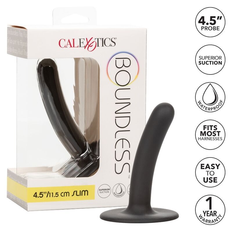 Schwarzer, gebogener Silikon-Stimulator mit Saugbasis. In Verpackung mit Produktnamen und Logos. 4,5"/11,5 cm.