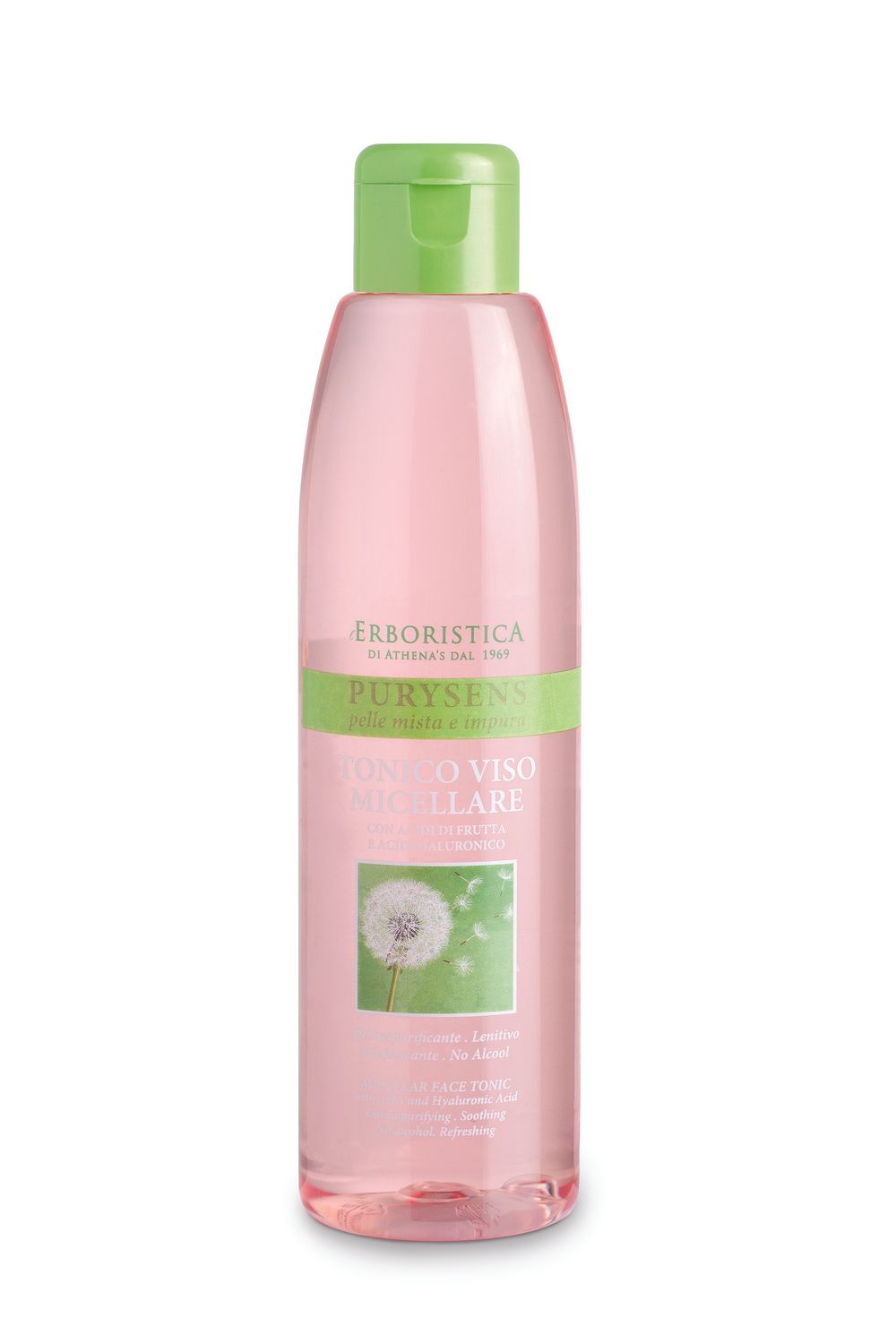 Rosa Flasche mit grünem Deckel. Aufschrift: Erboristica, Purysens, Tonico Viso Micellare. Abbildung eines Löwenzahns.