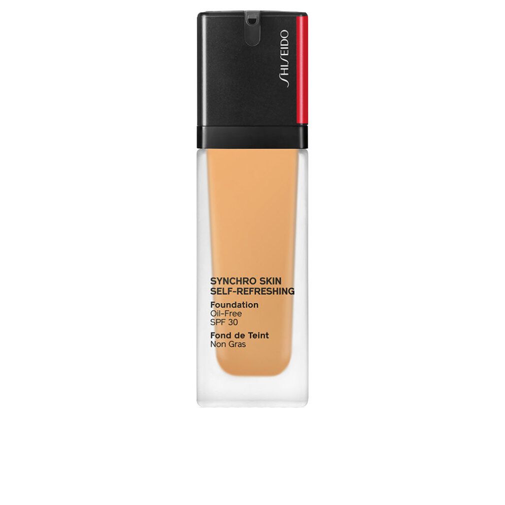 Flüssiges Make-up in rechteckiger Glasflasche mit schwarzem Deckel. Text: Synchro Skin Self-Refreshing, Foundation, Oil-Free, SPF 30, Fond de Teint Non Gras.