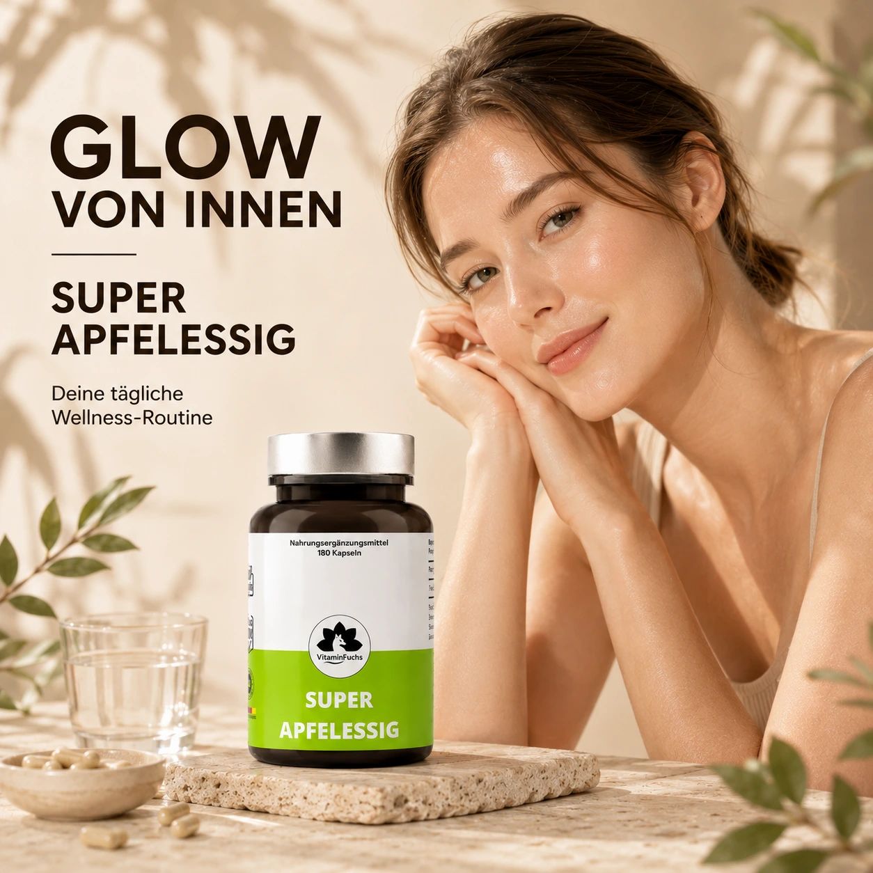 Braune Flasche mit Kapseln. Aufschrift: Super Apfelessig, VitaminFuchs. Frau mit Glas Wasser und Kapseln.
