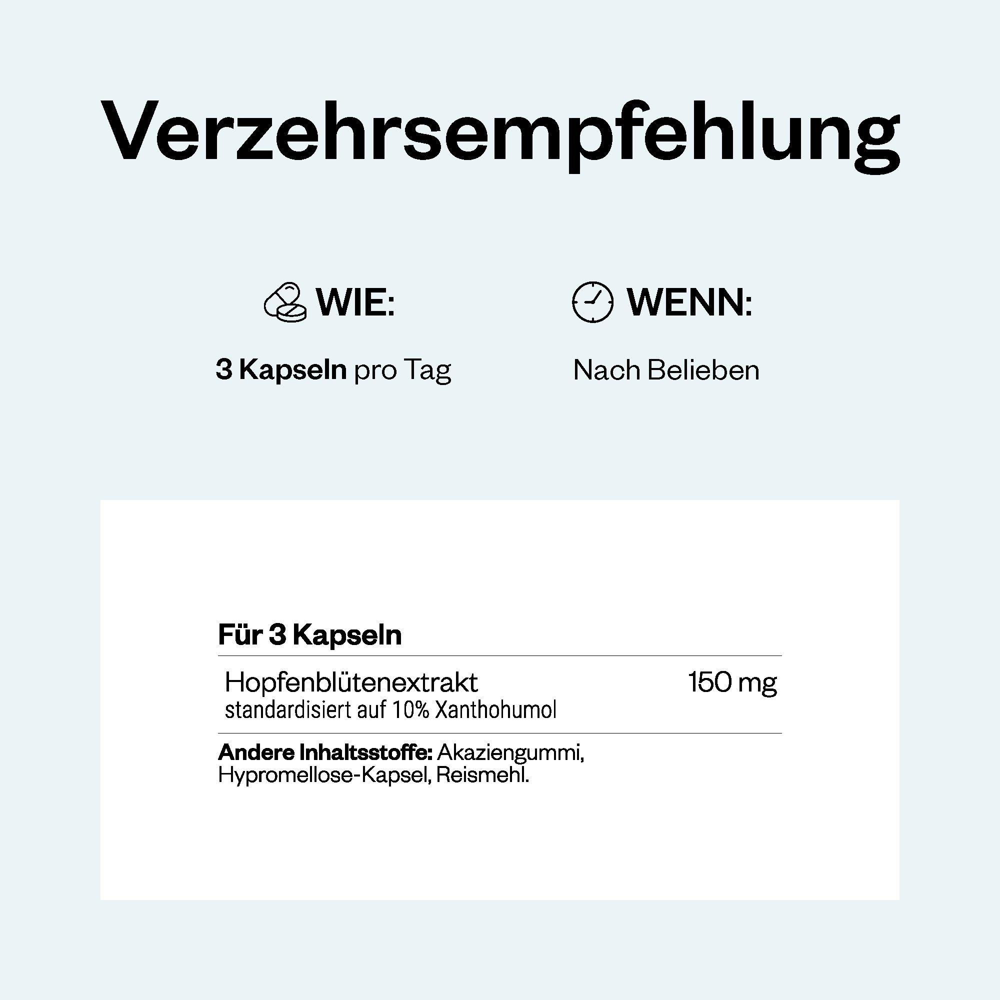 Text mit Informationen zur Verzehrempfehlung von Xanthohumol-Kapseln. Angabe zur Dosierung und Inhaltsstoffen.
