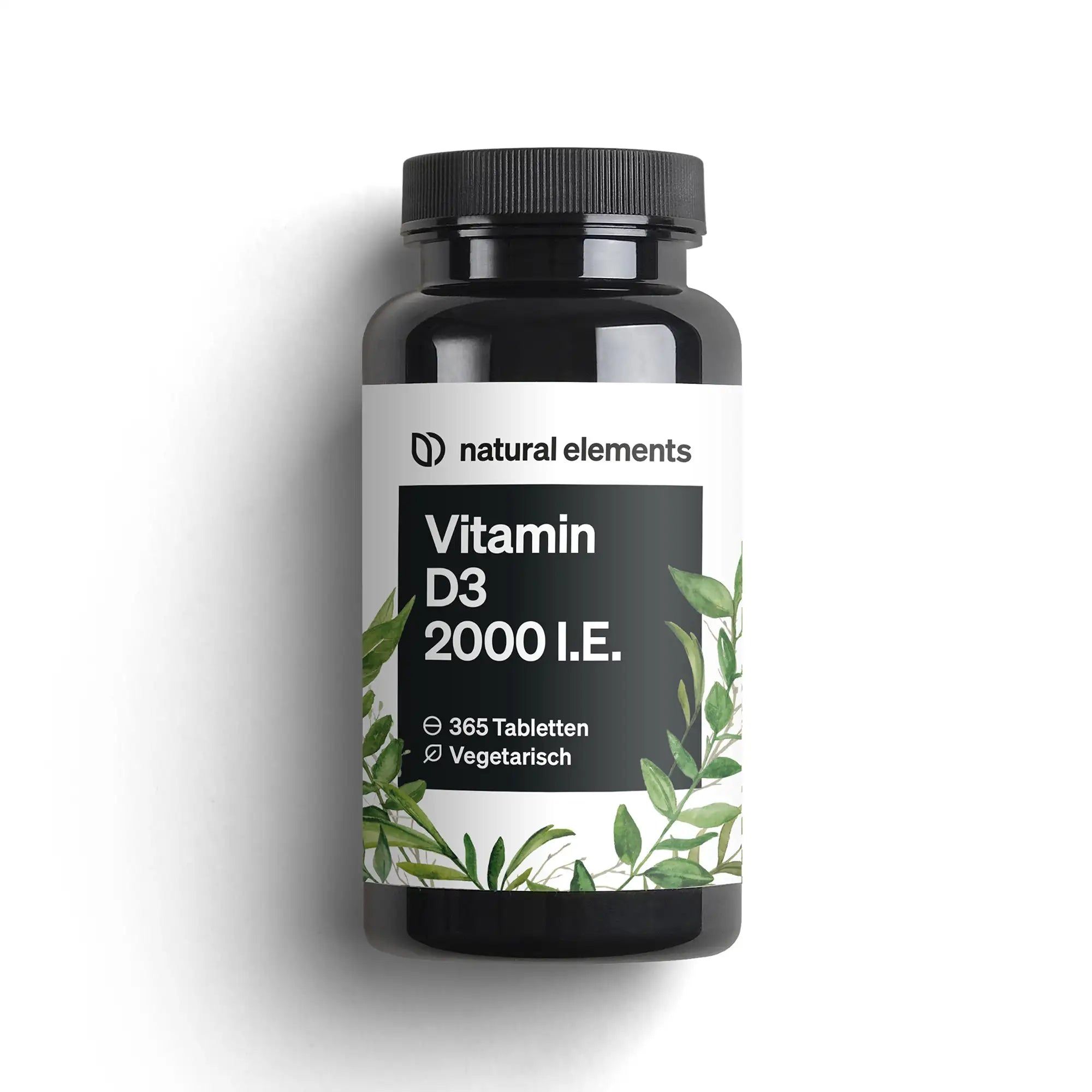 Schwarze Flasche mit Vitamin D3 2000 I.E. Aufschrift. 365 Tabletten. Vegetarisch. Grünes Blattdekor. Schwarzer Deckel.