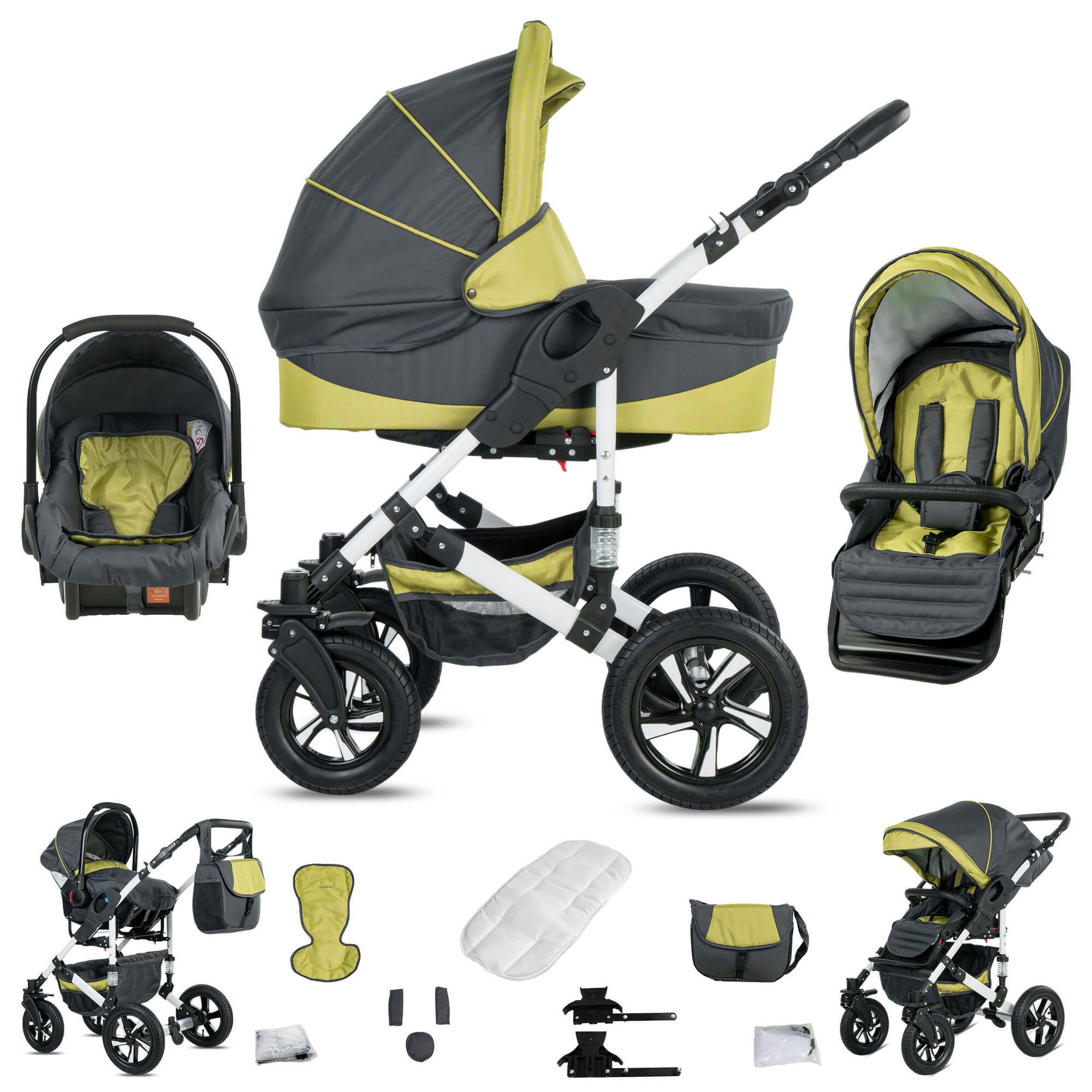 Kinderwagen-Set, grau-grün. Enthält Babywanne, Sportsitz, Babyschale, Zubehör. Hartgummireifen, weißes Gestell, schwarze Räder.