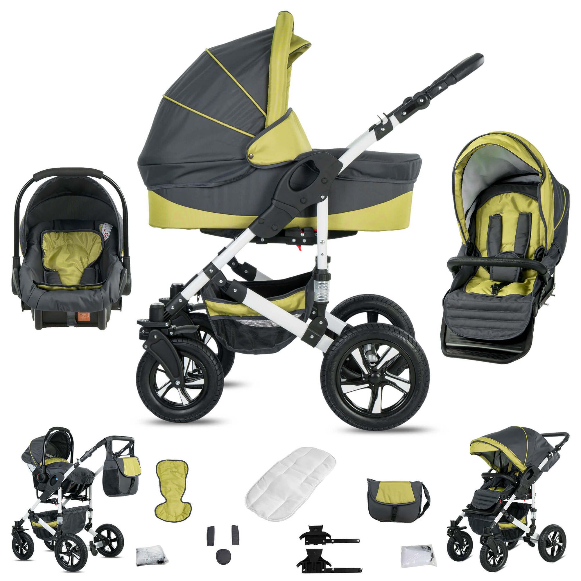 Friedrich Hugo Hamburg 3 in 1 Kinderwagen Komplettset Luftreifen, Grey & Green