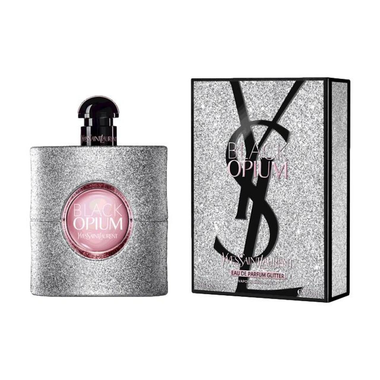 Parfümflakon und Schachtel. Flakon mit Glitzer, rundem Label und schwarzem Verschluss. Schachtel mit Logo und Schriftzug.