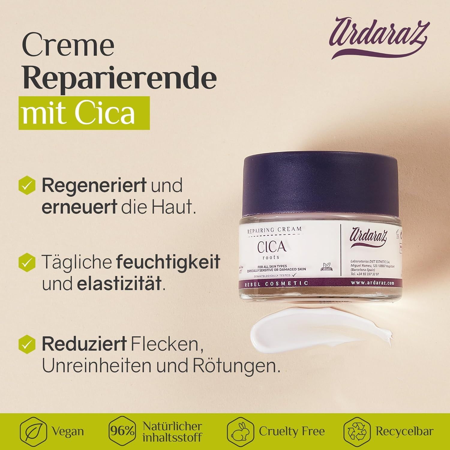 Ardaraz Cica Creme im Glas. Text: Creme, Repairing Cream, Cica, Vegan, 96% natürlicher Inhaltsstoff, Cruelty Free, Recycelbar.