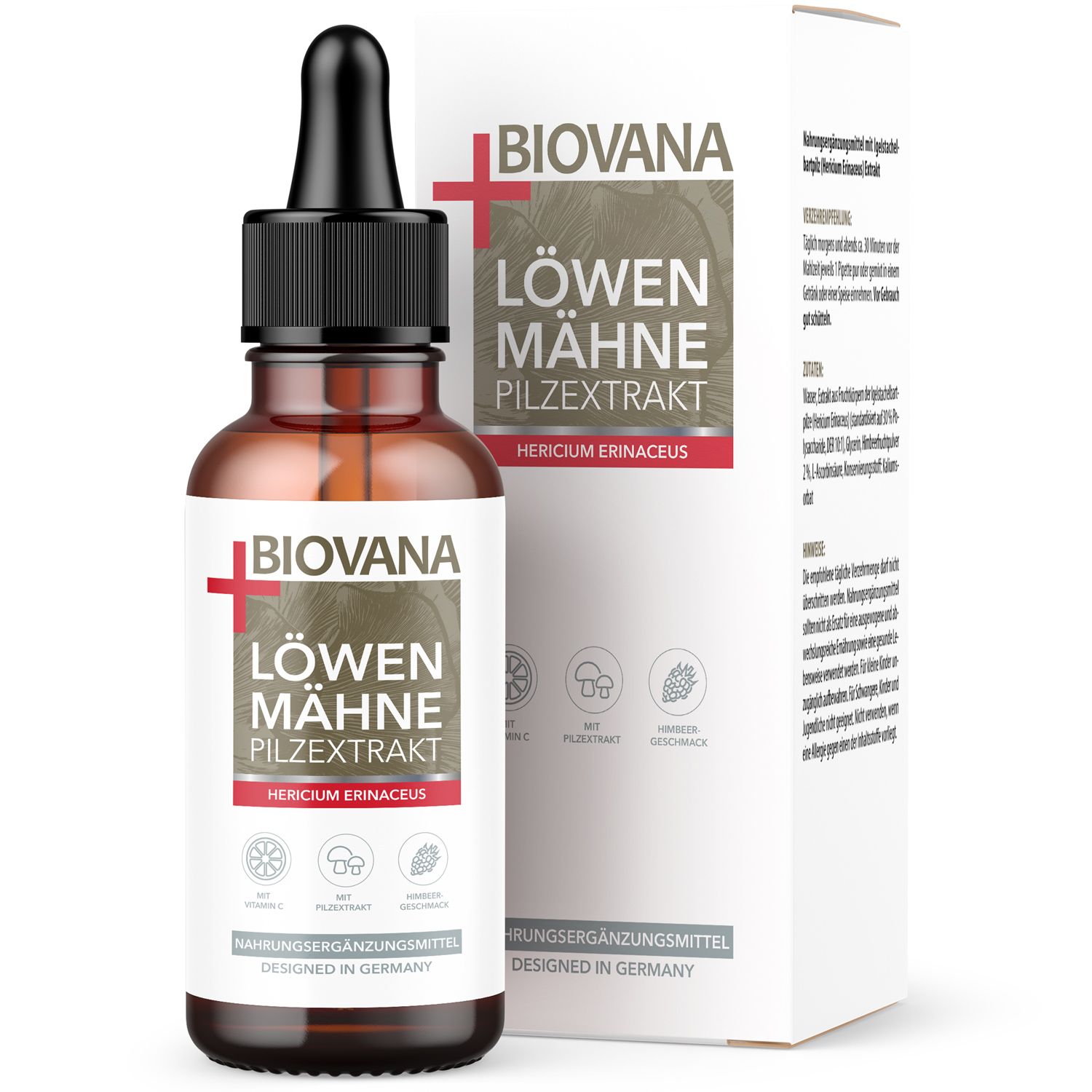 Braune Glasflasche mit schwarzer Pipette und weißer Verpackung. Aufschrift: BIIVANA Löwenmähne Pilzextrakt. Hericium erinaceus. Nahrungsergänzungsmittel.