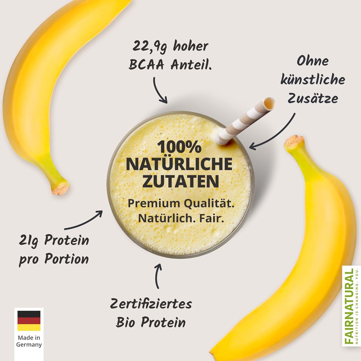 Shake mit 100% natürlichen Zutaten. Bananen, Strohhalm. Text: 22,9g hoher BCAA Anteil, 21g Protein pro Portion, zertifiziertes Bio Protein.