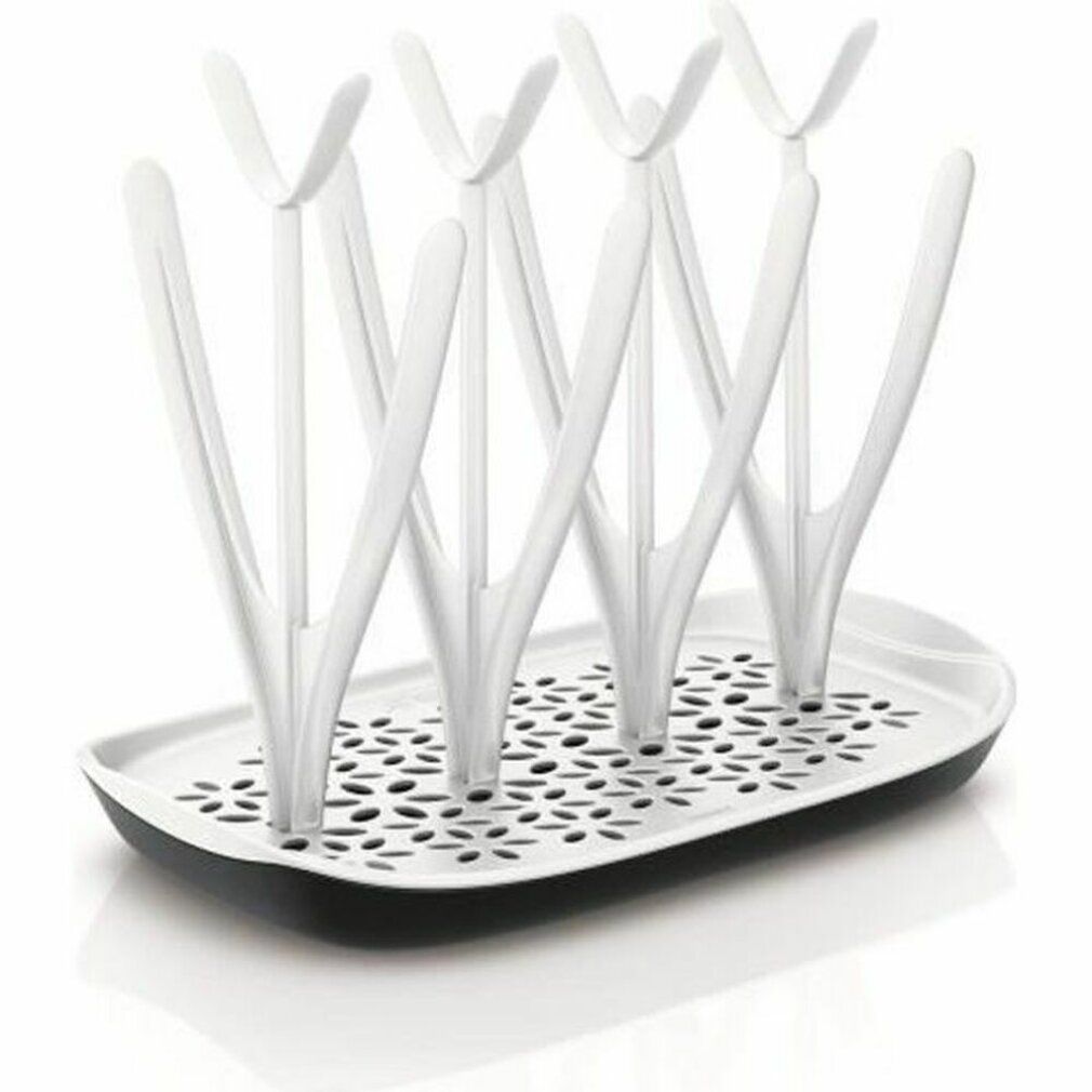 Trockengestell mit weißem Gestell und schwarzer Basis. Die Basis hat ein Lochmuster. Sechs Halterungen sind sichtbar.