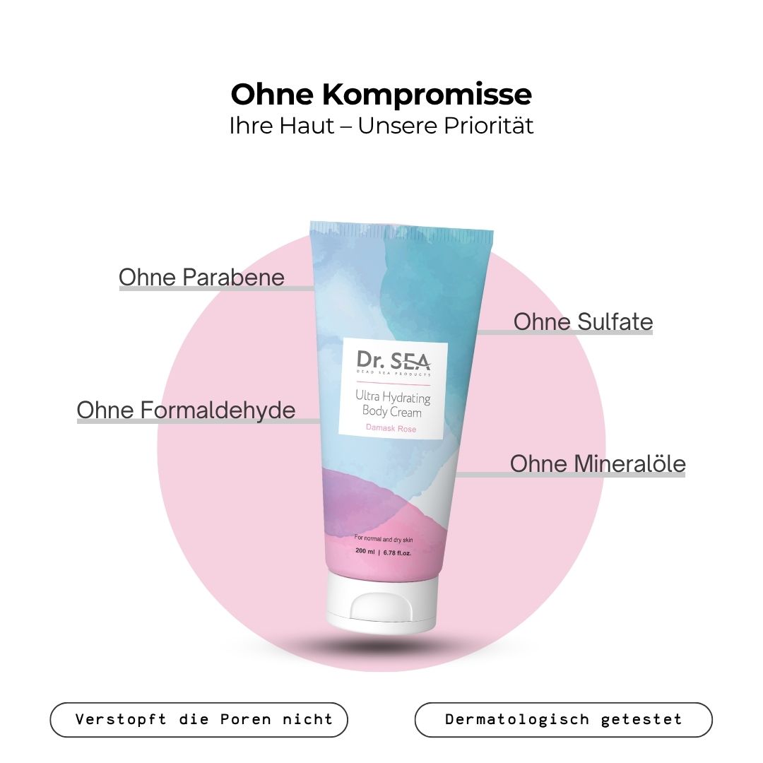 Creme-Tube mit Text. Aufschrift: Dr. SEA, Ultra Hydrating Body Cream, Damask Rose. Text: Ohne Parabene, Sulfate, Formaldehyd, Mineralöle.