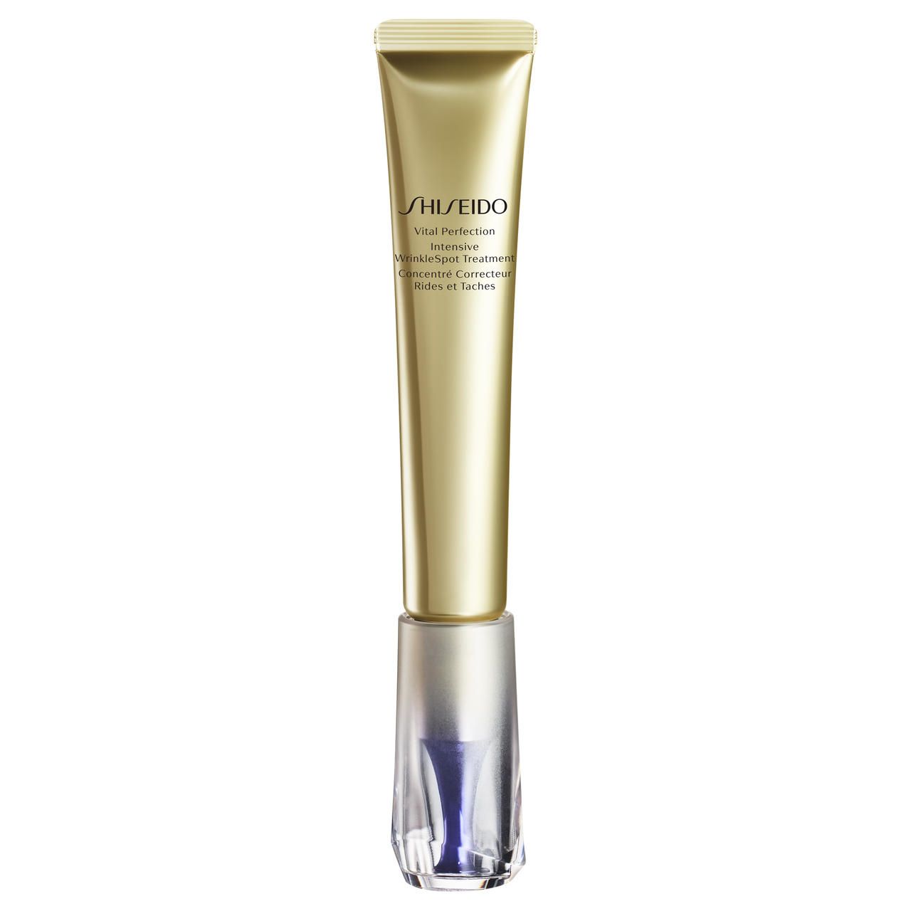 Goldfarbene Tube mit blauem Applikator. Aufschrift: SHISEIDO Vital Perfection Intensive Wrinklespot Treatment.