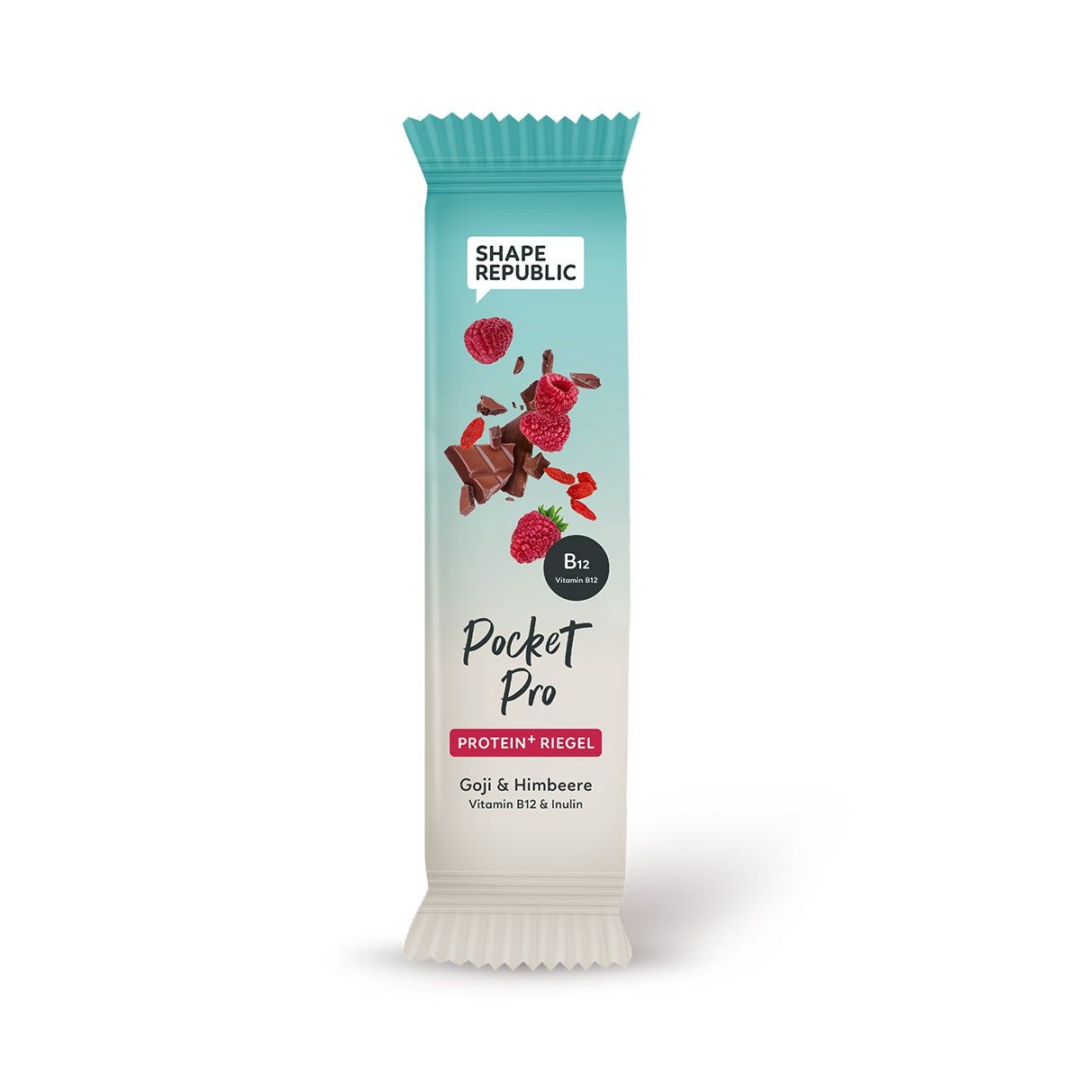 Proteinriegel mit Goji & Himbeere. Verpackung mit Shape Republic Logo, Pocket Pro Schriftzug. Enthält Vitamin B12 und Inulin.