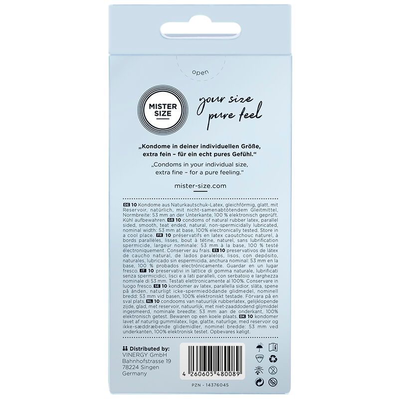 MISTER SIZE 53 Kondomverpackung. Hellblau. Zeigt Logo, Größenangabe und Produktmerkmale.