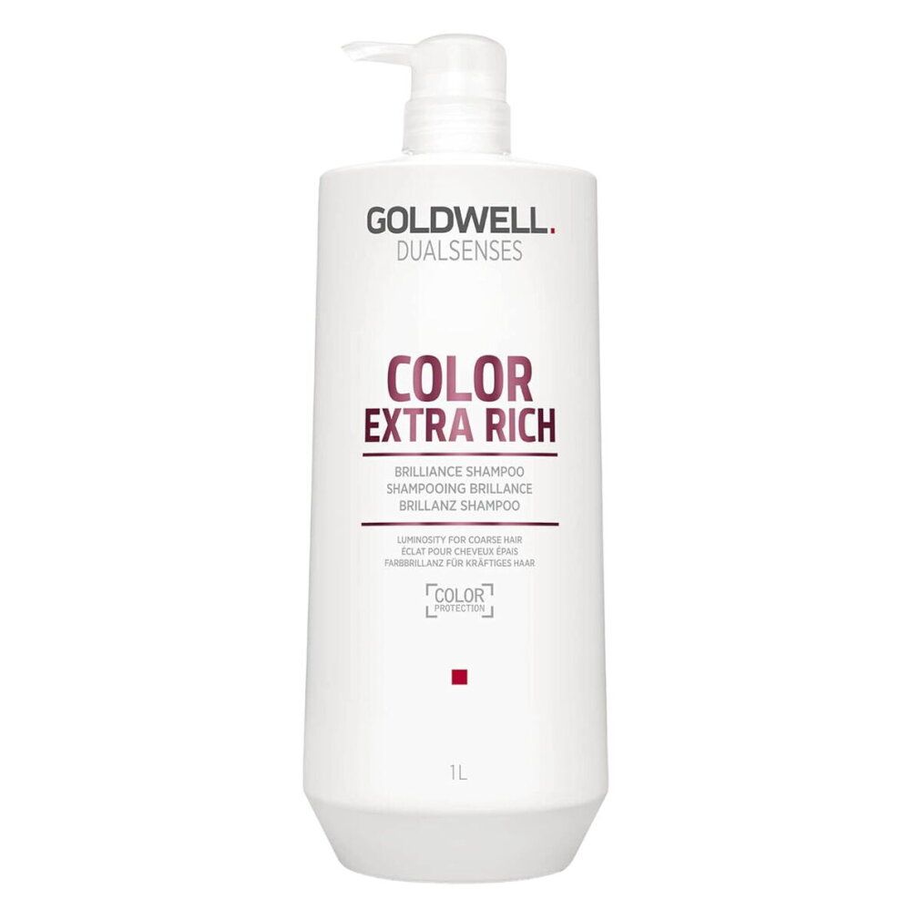 Weißer Shampoo-Behälter mit Pumpe. Aufschrift: Goldwell Dualsenses Color Extra Rich. 1L.