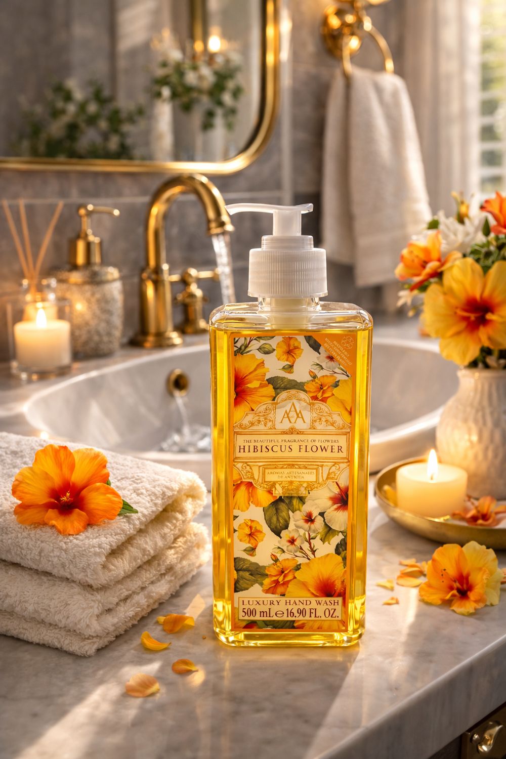 AAA Somerset Flüssigseife Hibiscus Flower im Spender, neben Handtüchern und Blumen.