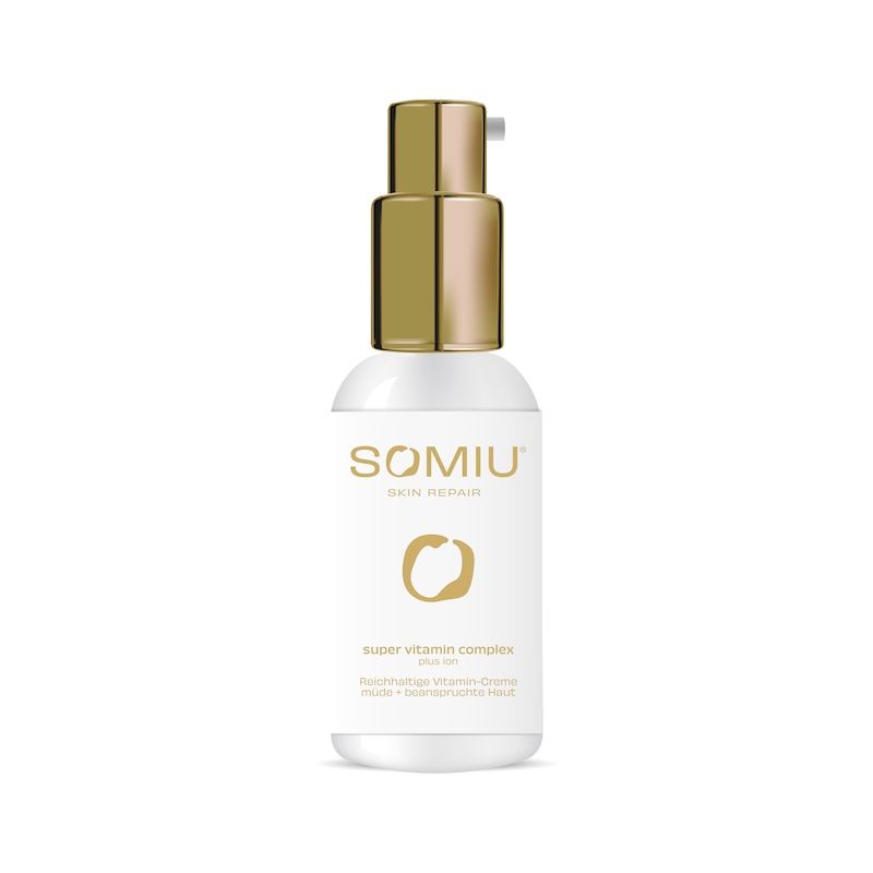 Weiße Flasche mit goldenem Pumpkopf. Aufschrift: SOMIU SKIN REPAIR, super vitamin complex plus ion. Produkt für die Haut.