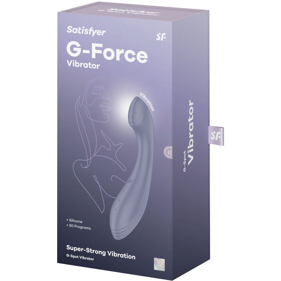 Verpackung mit lila Vibrator-Abbildung. Produktname: G-Force Vibrator. Marke: Satisfyer.