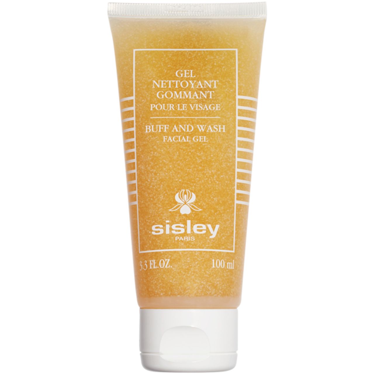 Transparente Gel-Tube. Aufschrift: Gel Nettoyant Gommant pour le Visage, Buff and Wash Facial Gel. Marke: Sisley. 3.3 fl.oz. 100 ml.