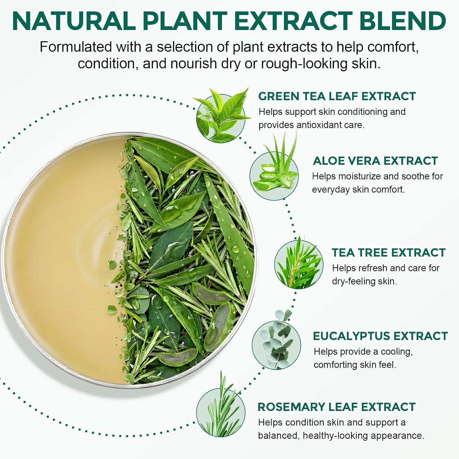 Kreisdiagramm mit Inhaltsstoffen: Grüntee, Aloe Vera, Teebaum, Eukalyptus, Rosmarin. Text: Natürliche Pflanzenextrakt-Mischung.