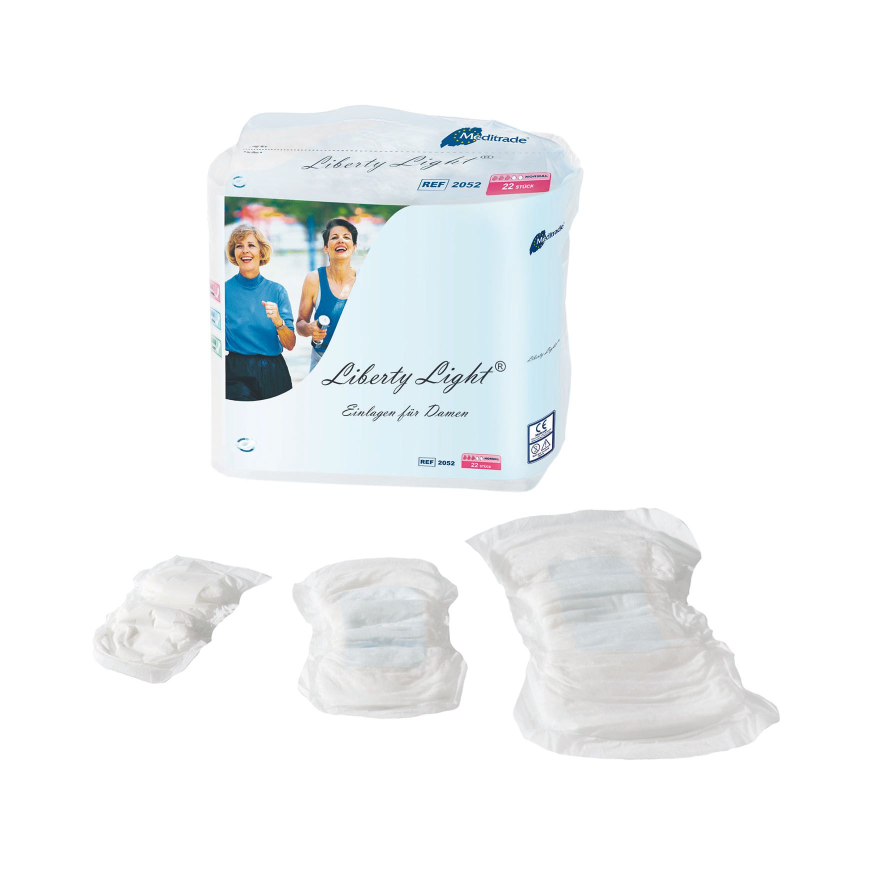 Verpackung von Liberty Light Einlagen für Damen. Abgebildet sind Frauen beim Sport. Darunter liegen drei einzelne Einlagen.