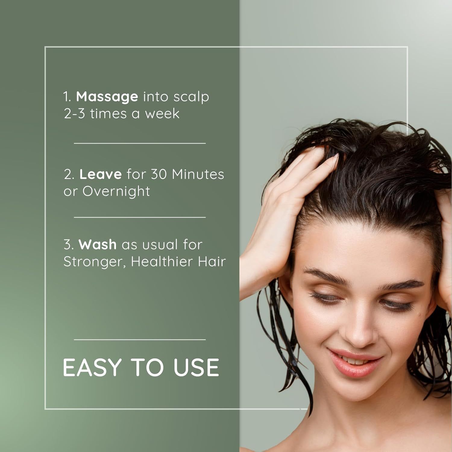 Frau wäscht Haare. Text: Easy to use. Anwendung: 2-3 mal pro Woche auf die Kopfhaut einmassieren, 30 Min. oder über Nacht einwirken lassen.