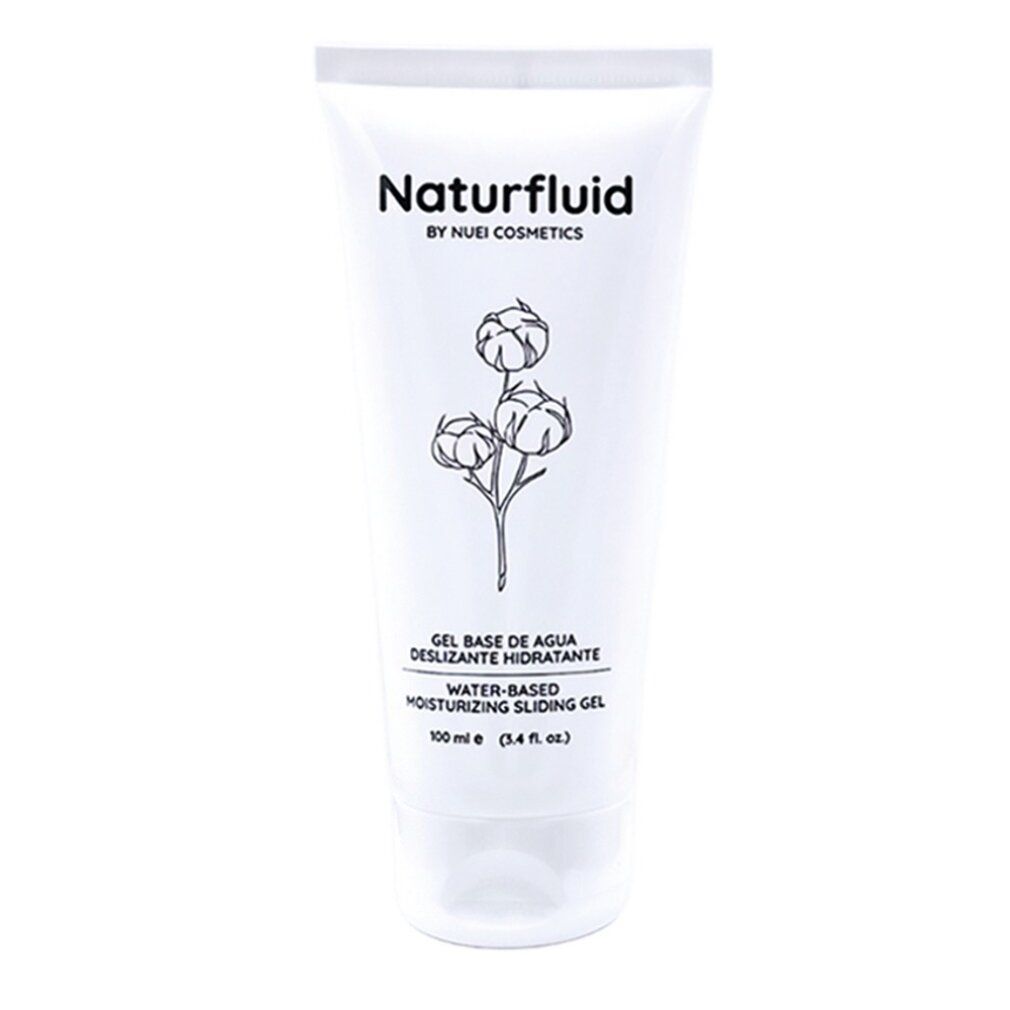 Weiße Tube mit Produktnamen Naturfluid und floraler Illustration. Text in Englisch, Spanisch und Deutsch.