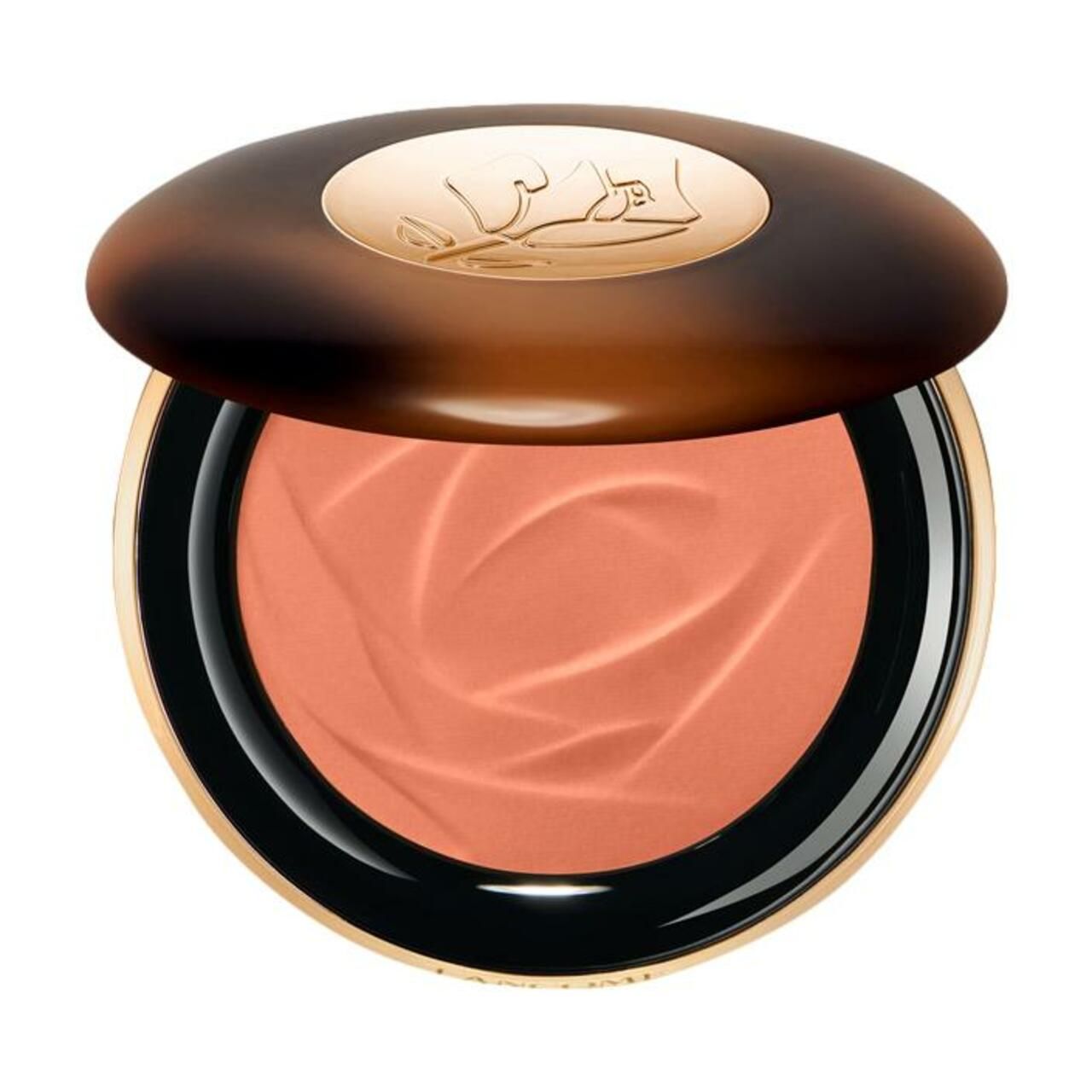 Runder Bronzer-Kompaktpuder mit braunem Deckel. Innen rosafarbener Puder mit Rosenmuster. Goldfarbener Rand, schwarzer Rahmen.