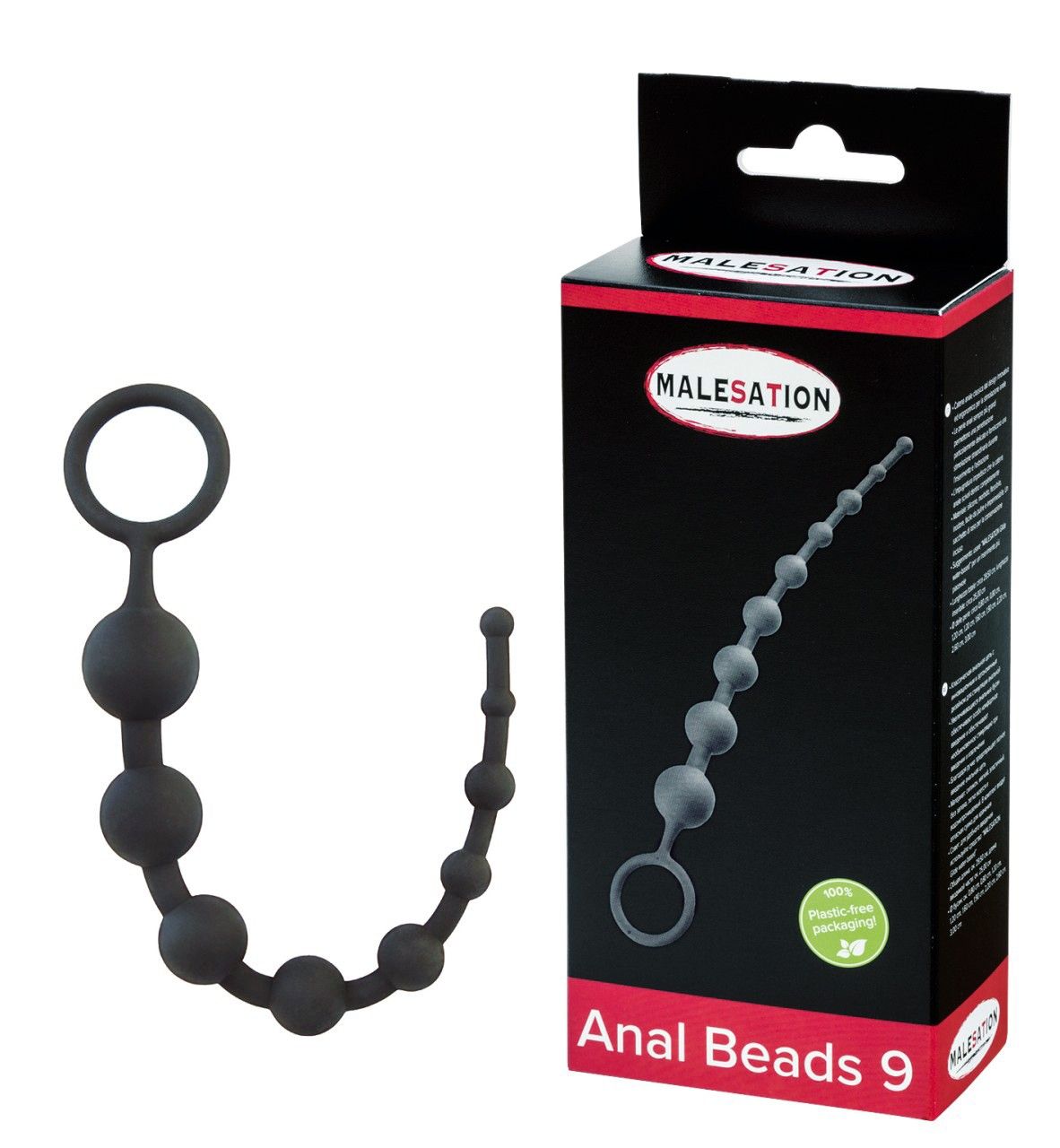 Dunkelgraue Analperlen mit 9 Kugeln und Ringgriff. Schwarze Verpackung mit Markenlogo und Produktname: Anal Beads 9.