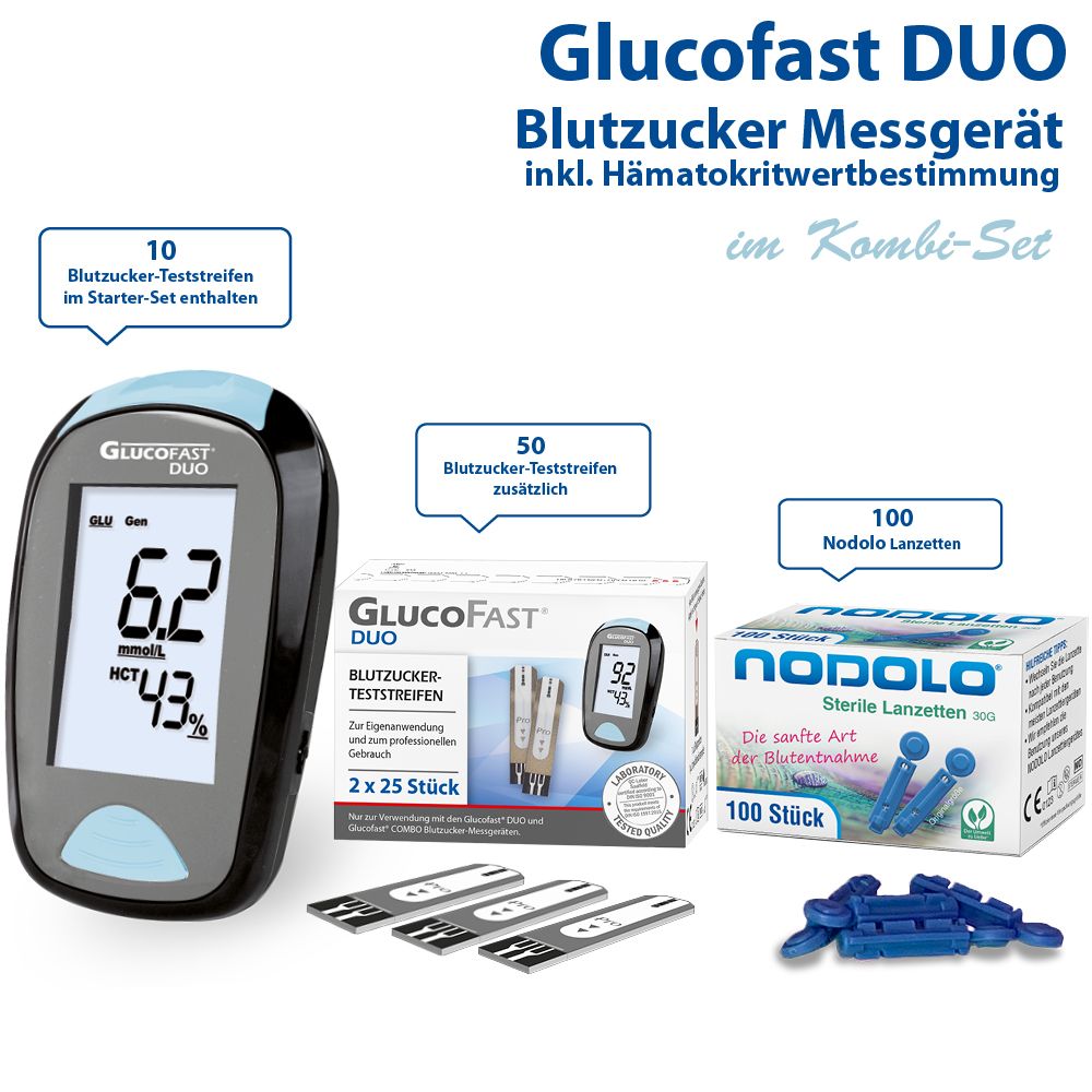 Glucofast® Duo Blutzuckermessgerät Kombiset mit mit Teststreifen und Lanzetten  (mmol/L)