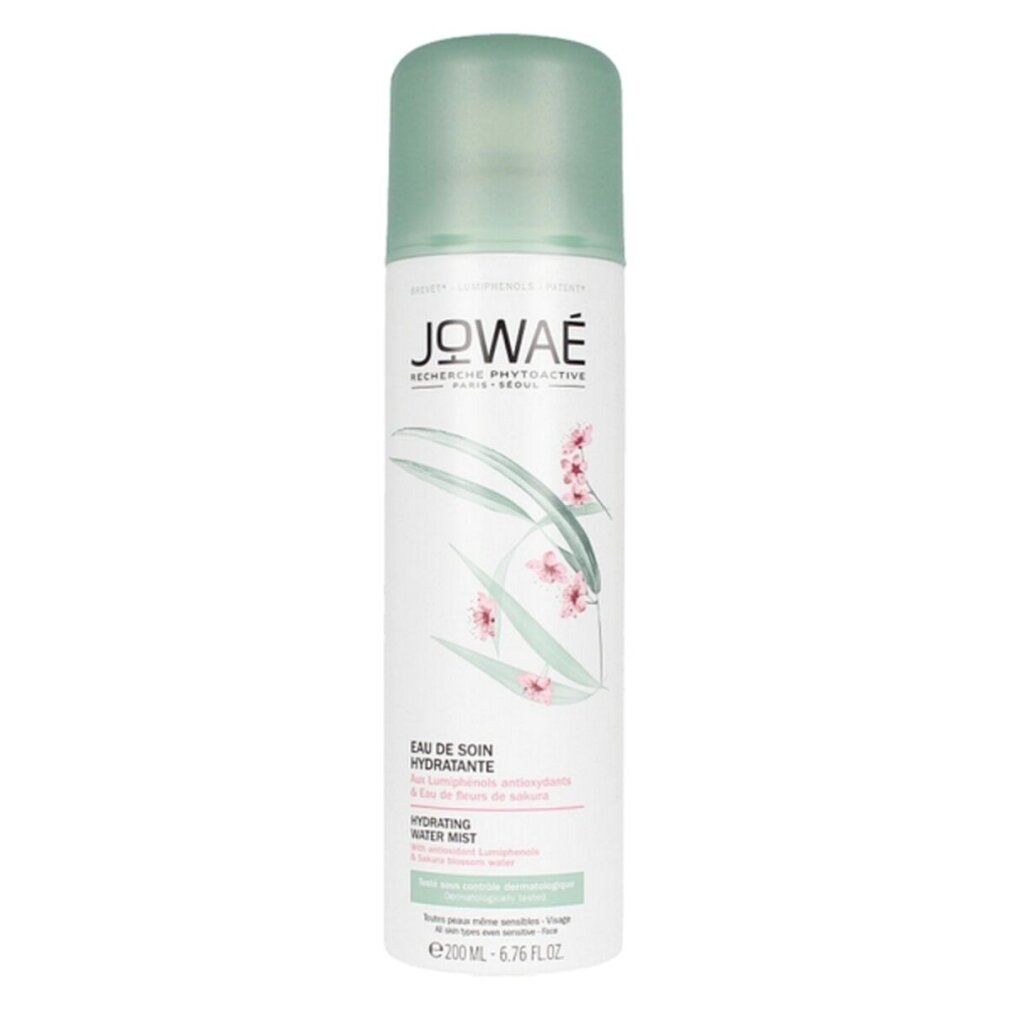 Weißes Spray mit grünem Deckel. Aufschrift JOWAE, darunter Text und Illustrationen. Unten Text in Französisch und Englisch.