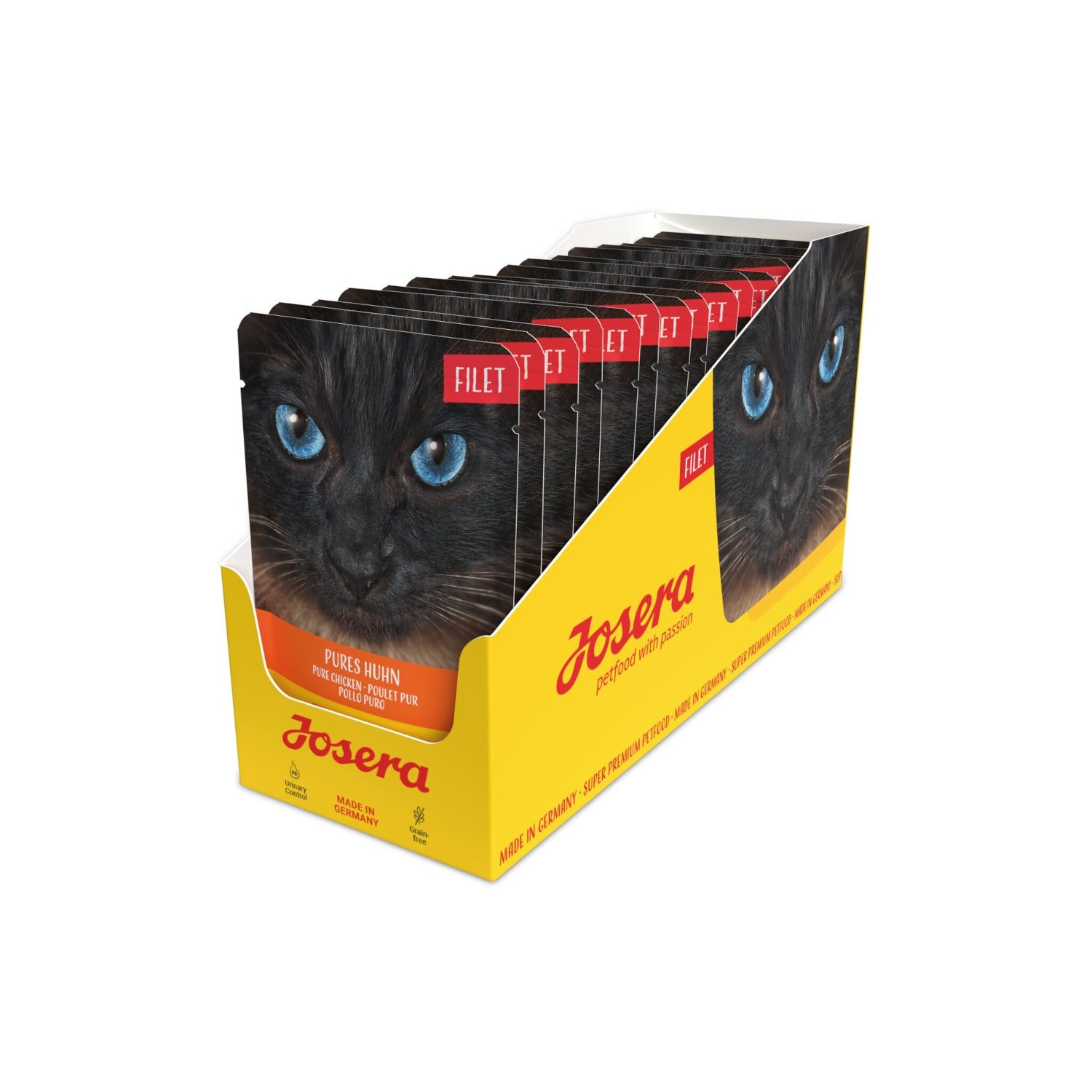 Josera Filet Pures Huhn. Display mit Beuteln, Katze mit blauen Augen. Gelbe Verpackung, Schriftzug.