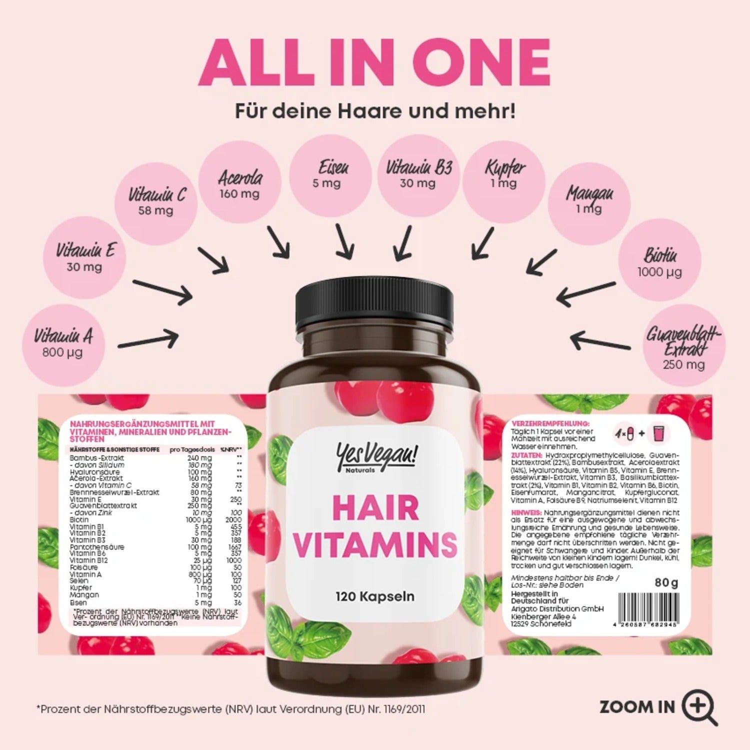 Flasche 'Hair Vitamins' mit Übersicht der Vitamine und Mineralstoffe, inklusive Nährwertangaben.