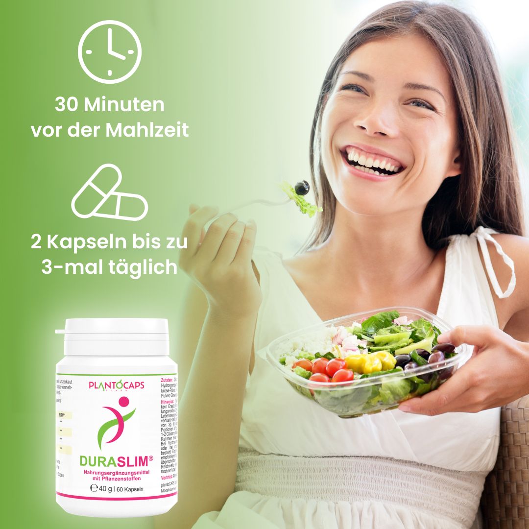 Frau isst Salat. Weiße Flasche plantoCAPS DURASLIM. Text: 2 Kapseln bis zu 3-mal täglich. 30 Minuten vor der Mahlzeit. Aufschrift: 60 Kapseln.