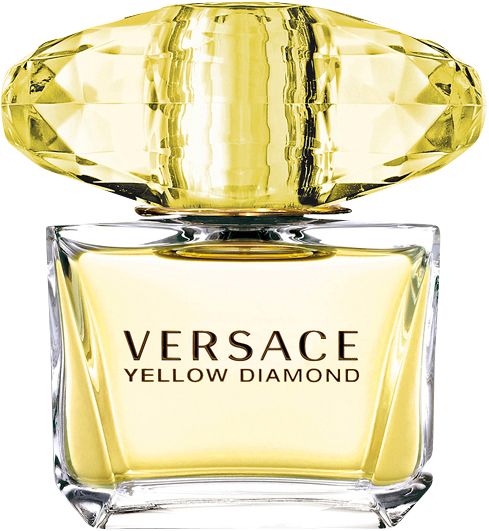 Versace Yellow Diamond Flasche. Gelbes Glas, quadratische Form, Diamant-Deckel. Schriftzug auf der Vorderseite.